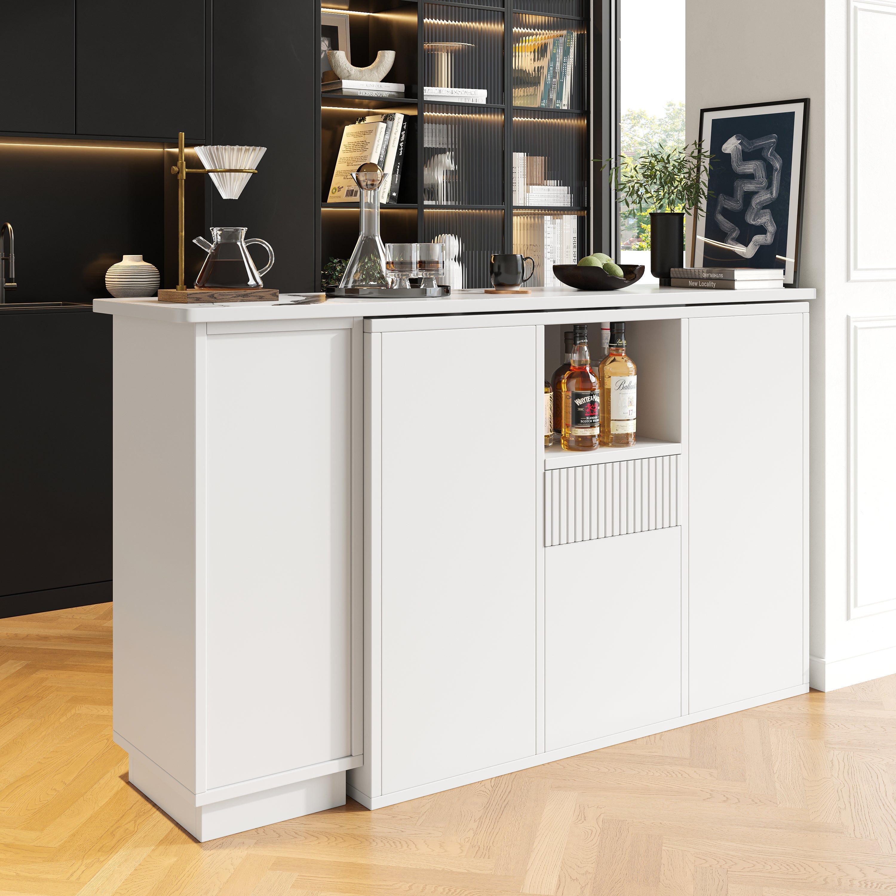 Bar Table, 360° Rotating Multifunctional Storage with Open Space, White Marble Top