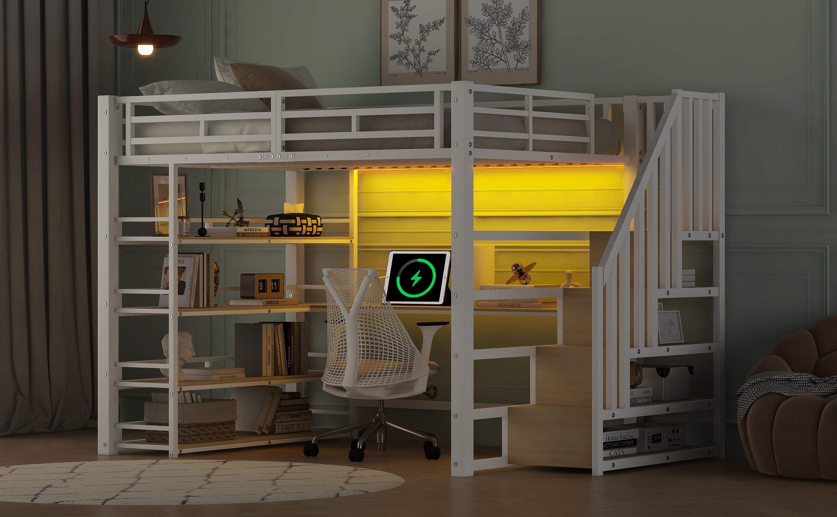 Metal Loft Bed with Desk, Stairs, Storage and LED Light, White