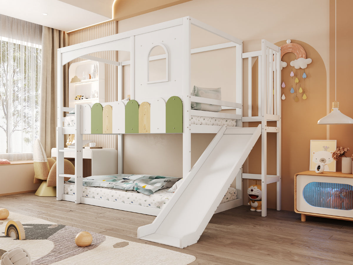 Children's House Loft Bed 90x200cm with Slide Safety Ladder White