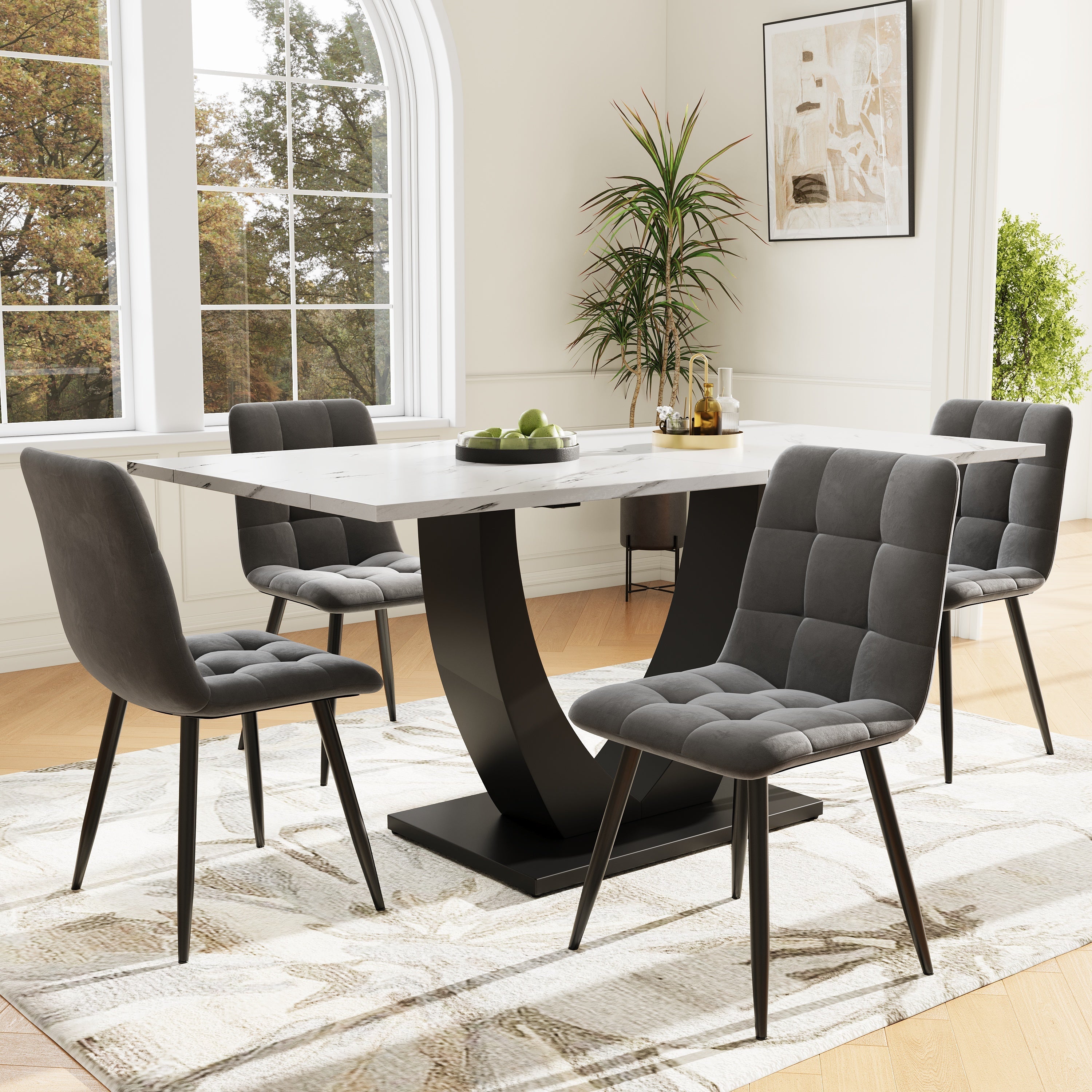 Dining Set 5-Piece Modern U-Shaped Table White Marble & 4 Grey Velvet Chairs