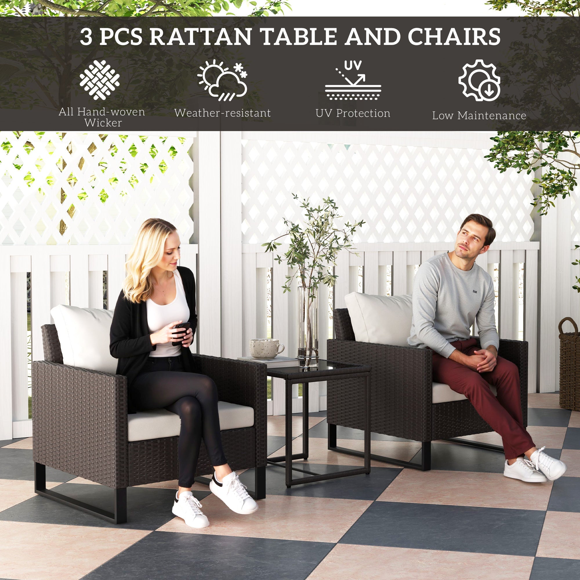 3 Pieces Rattan Bistro Set, 4 Cushions Glass Top, Brown