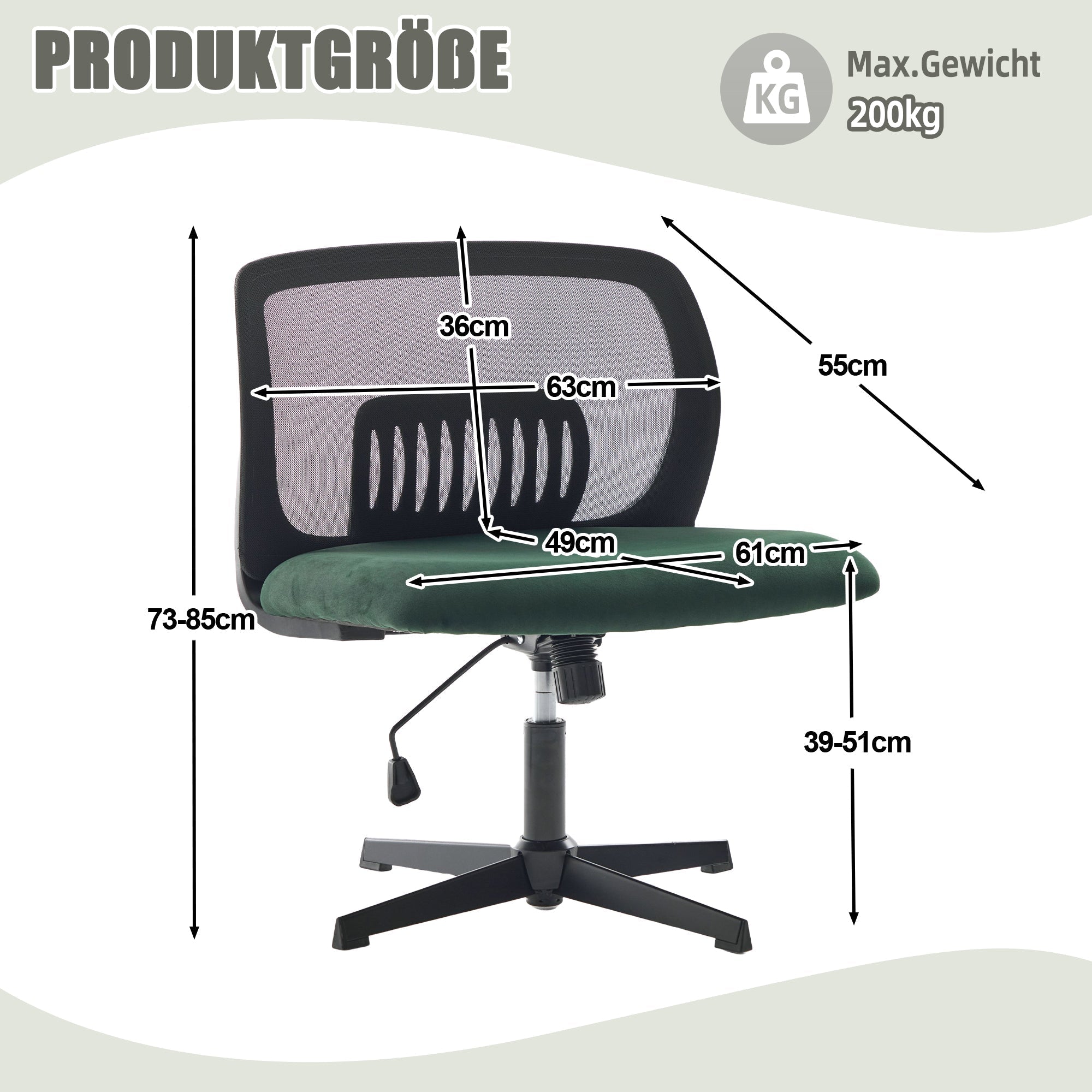 Armless Office Chair, Rocking Function Height Adjustable 360° Rotatable, Wide Upholstery