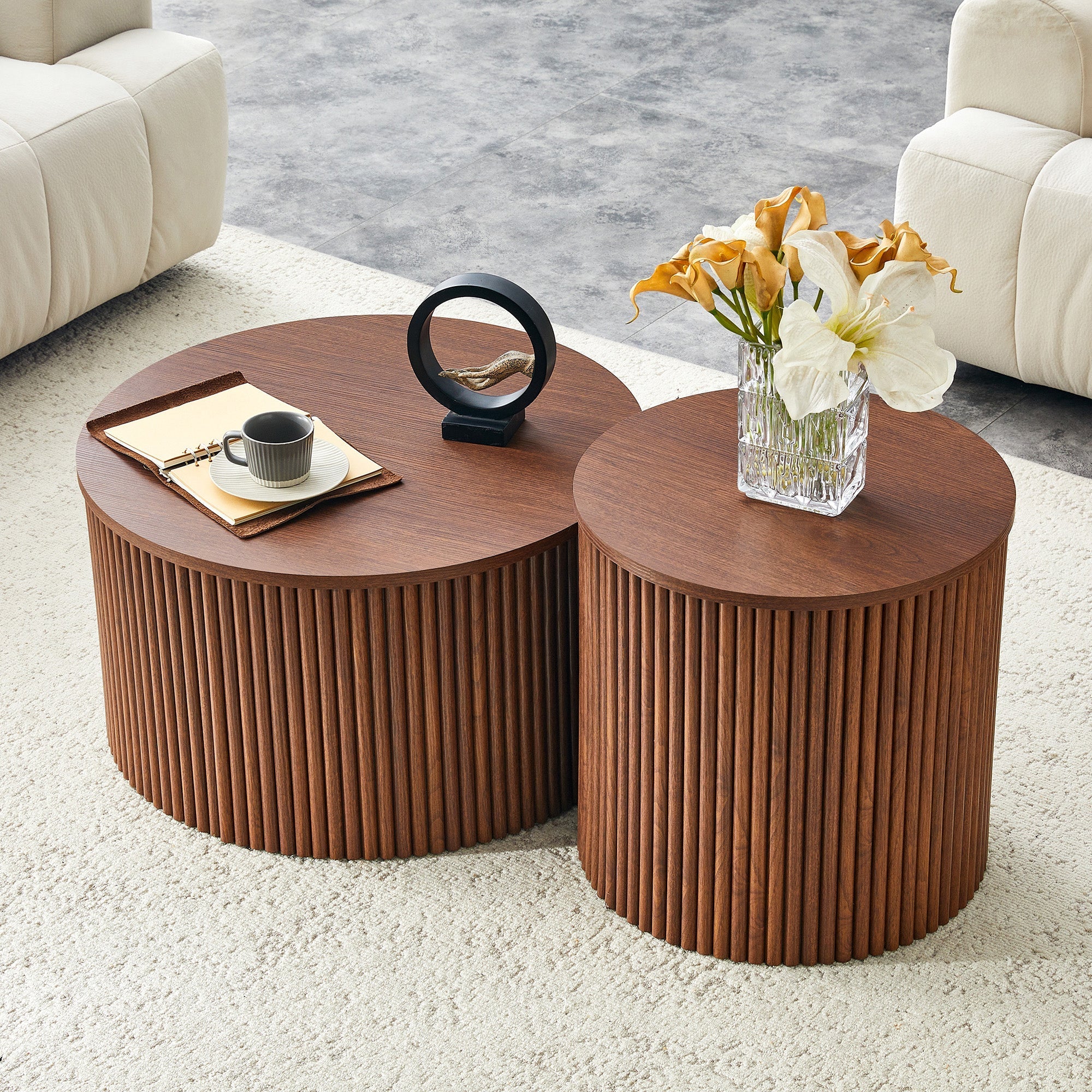 2-Piece Nesting Coffee Table Set, Roman Column Round Design with Built-in Storage, Walnut Grain MDF