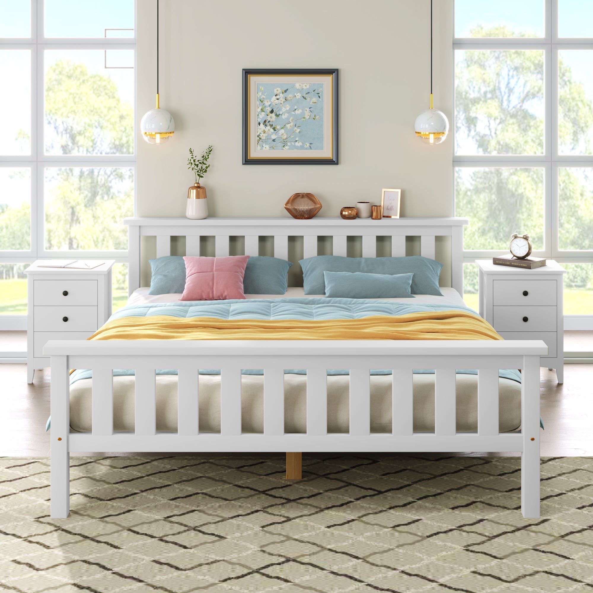 Double Bed Wooden Frame: 4ft6 Double Wooden Bed in White, for Adults, Kids, Teenagers