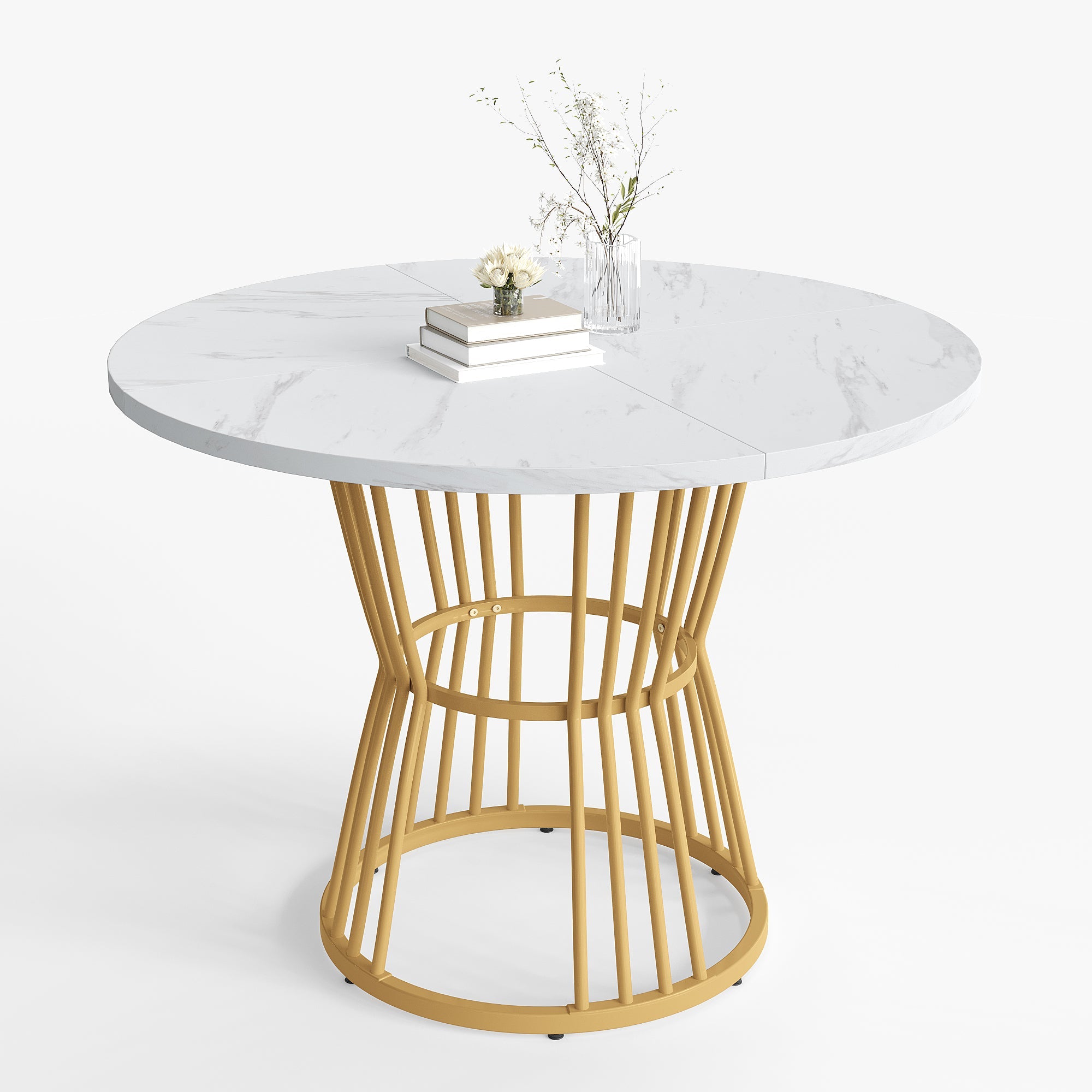 Kitchen Table with Sturdy Metal Frame and Modern Marble Top, White/Gold