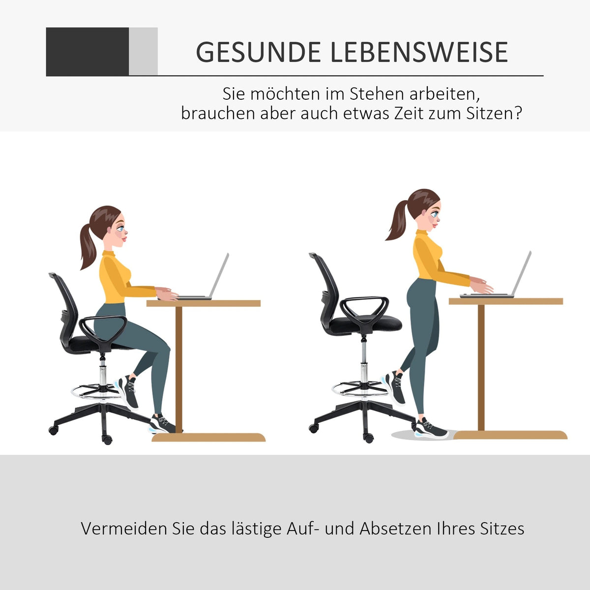 Ergonomic Office Standing Chair Swivel Height-Adjustable Footrest, Metal Black