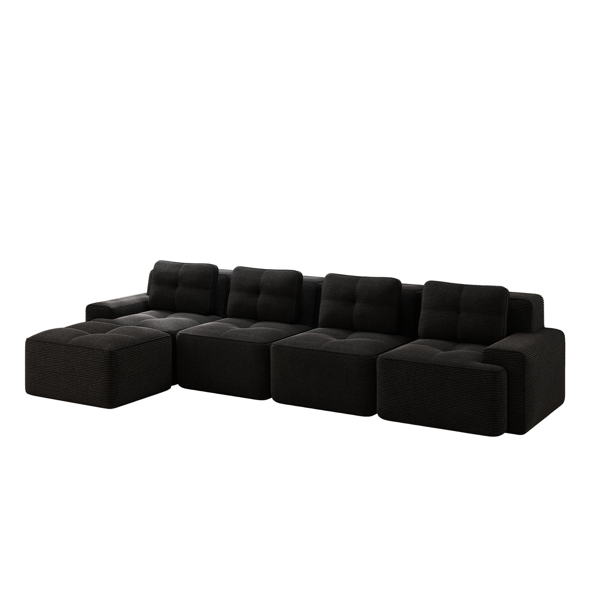 Boneless Modular Sofa L-Shaped Chaise 4-Seater Deep-Seat - Corduroy Black