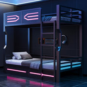 Iron Bunk Bed with LED Lighting and High Side Rails, 90x200cm, Black Iron
