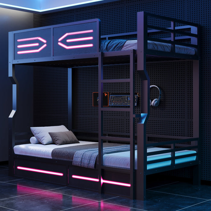 Iron Bunk Bed with LED Lighting and High Side Rails, 90x200cm, Black Iron
