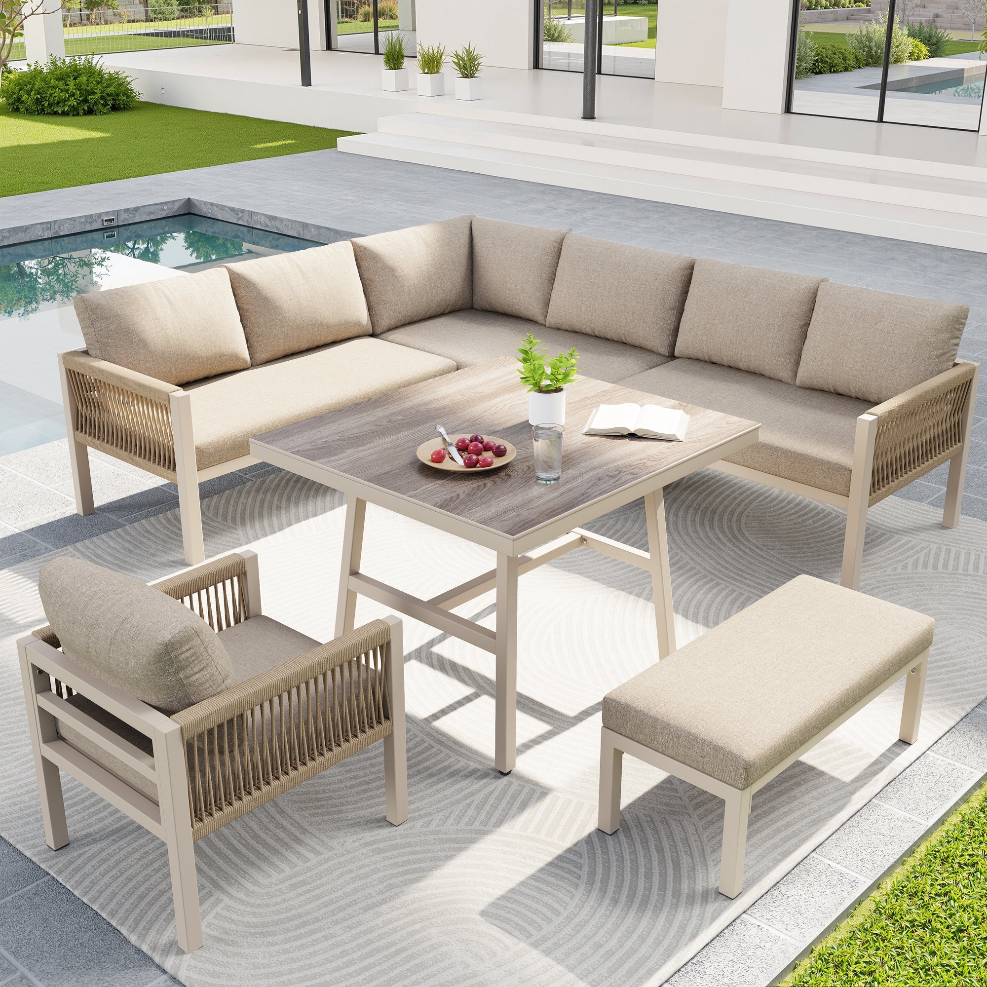 Garden Sofa Set L-Shape 8-Seater Hand-Woven with Table & Armchair - Iron Frame Beige