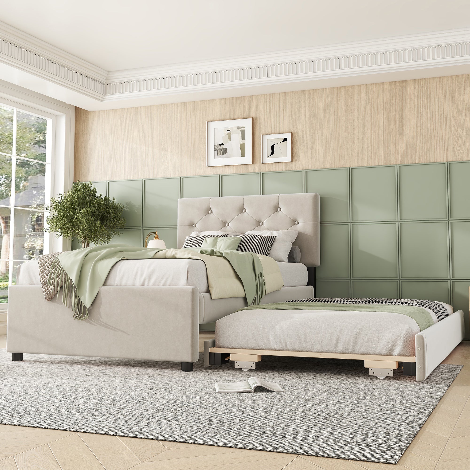Upholstered Bed with Slatted Base and Rolling Storage, 90x200cm, Beige Velvet