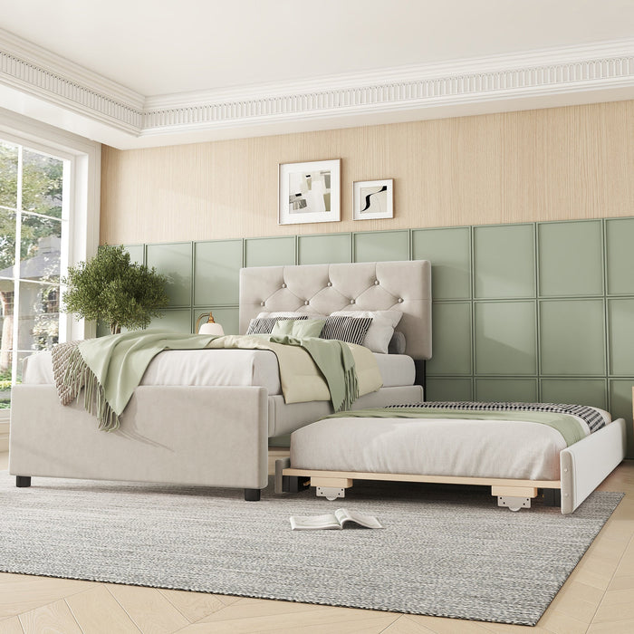 Upholstered Bed with Slatted Base and Rolling Storage, 90x200cm, Beige Velvet