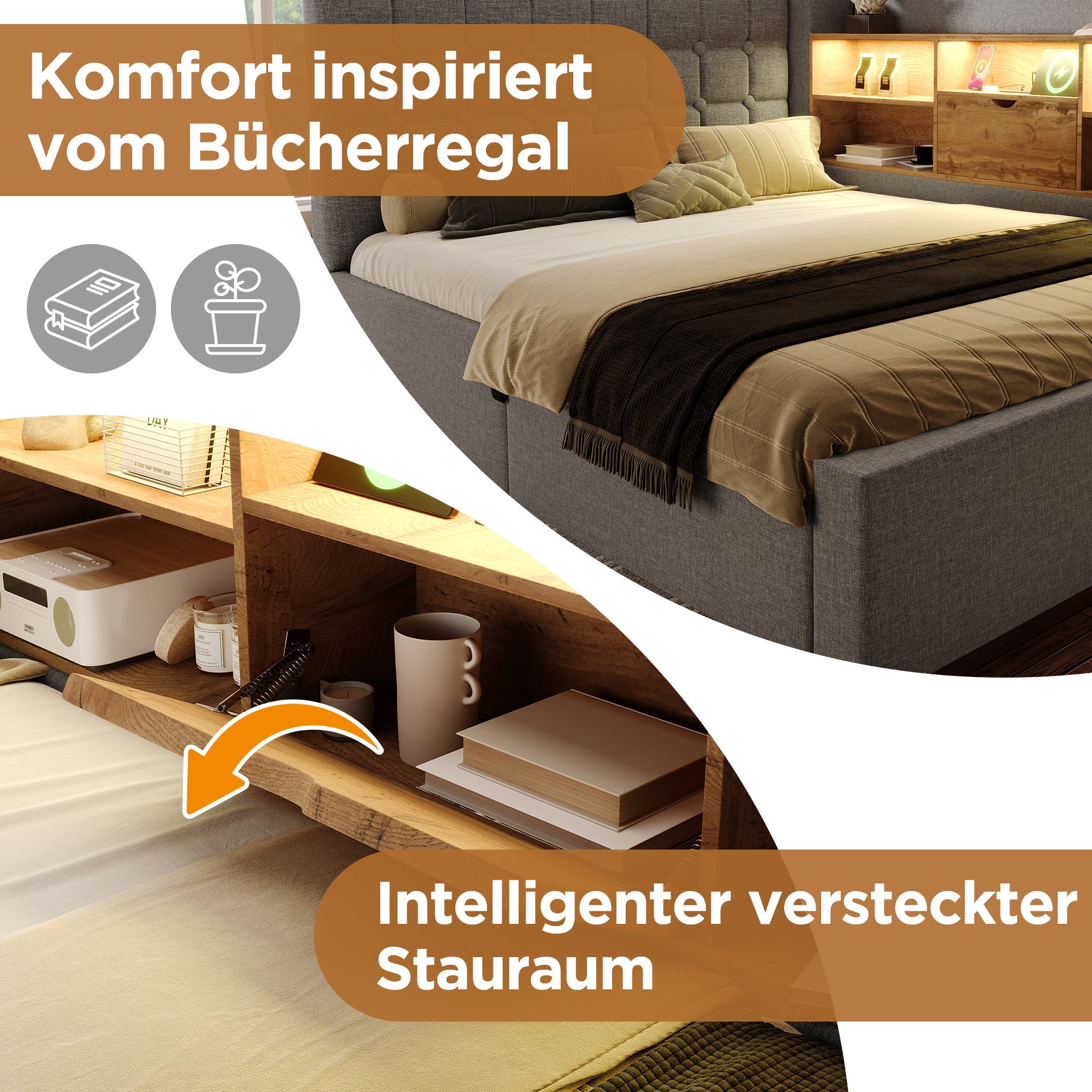 Upholstered Single Bed with LED, Hydraulic Storage and L-Shaped Headboard, 90x190cm, Grey Linen Fabric