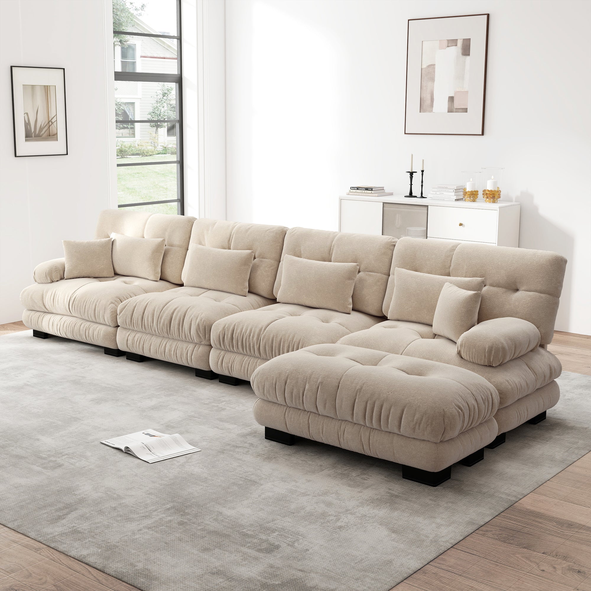 Modular Corner Sofa L-Shaped 4-Seater Cloud Couch Movable Ottoman DIY Combination, Chenille Light Brown