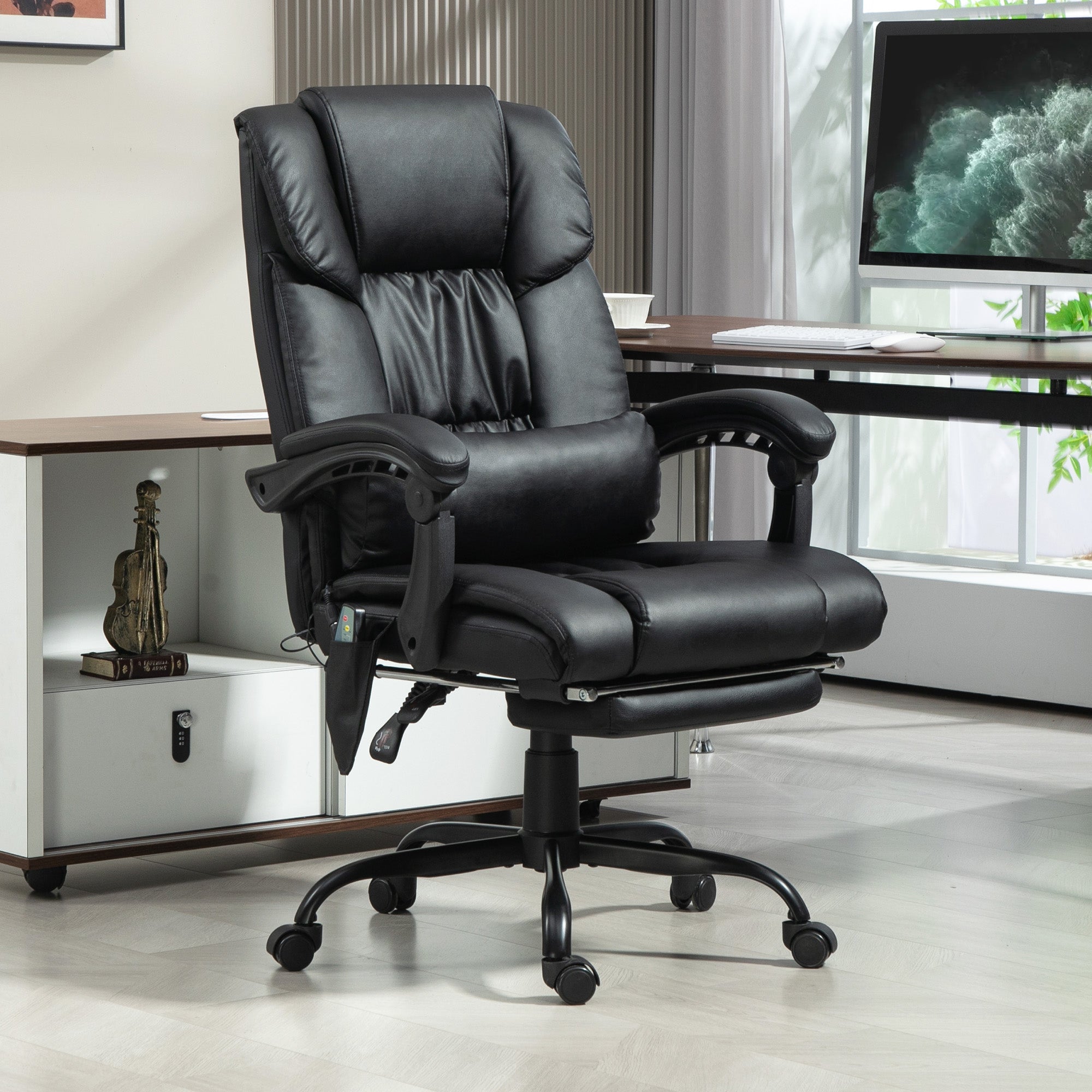Office Chair, 6-Point Massage Adjustable Height Footrest, PU Leather Black