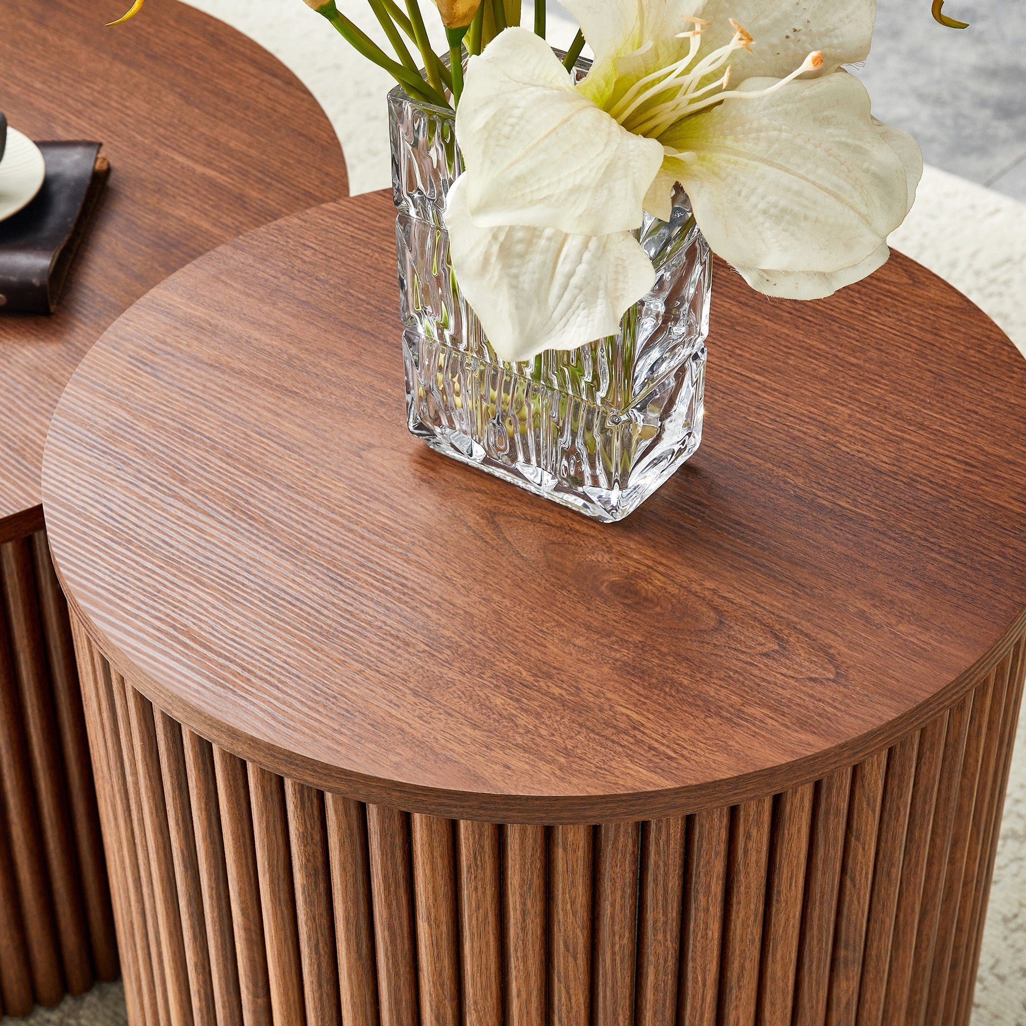 2-Piece Nesting Coffee Table Set, Roman Column Round Design with Built-in Storage, Walnut Grain MDF