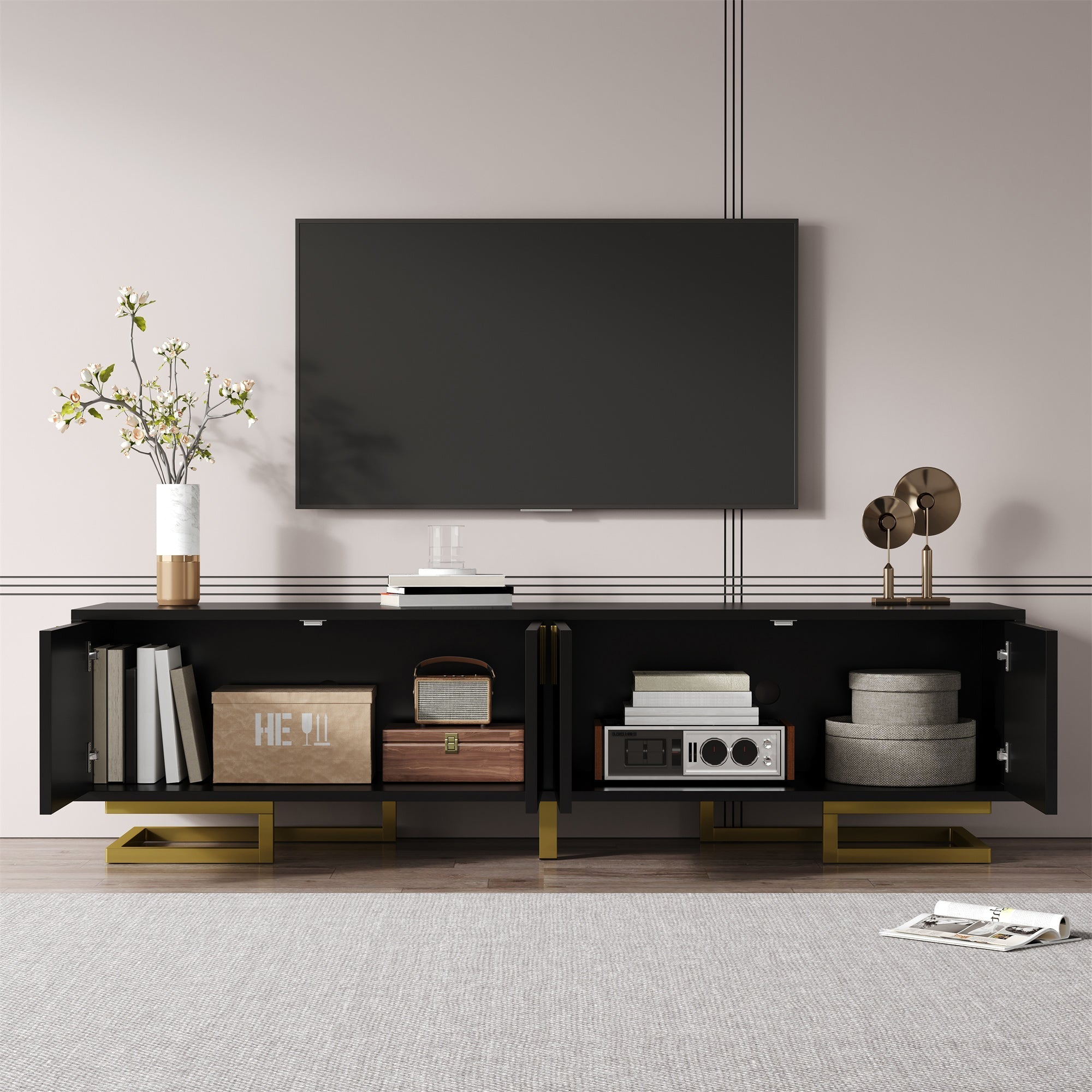 TV Cabinet, Textured Doors with Golden Handles and Legs