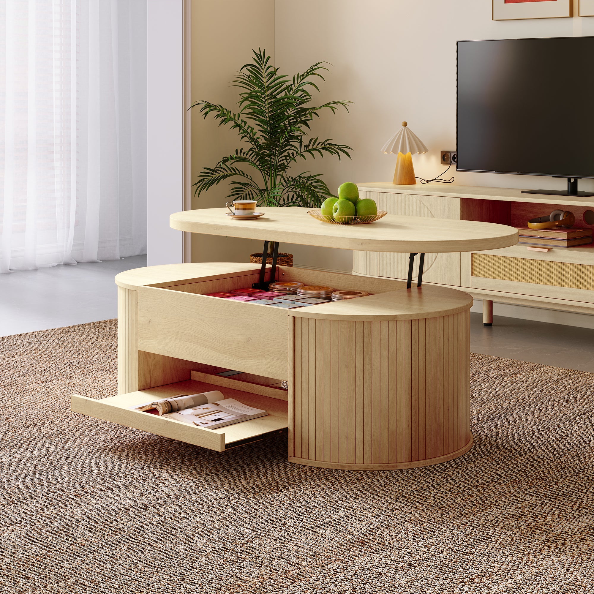Liftable Coffee Table with Curved Wooden Sides, Extendable Shelf, Liftable Tabletop, Multifunctional Living Room Furniture