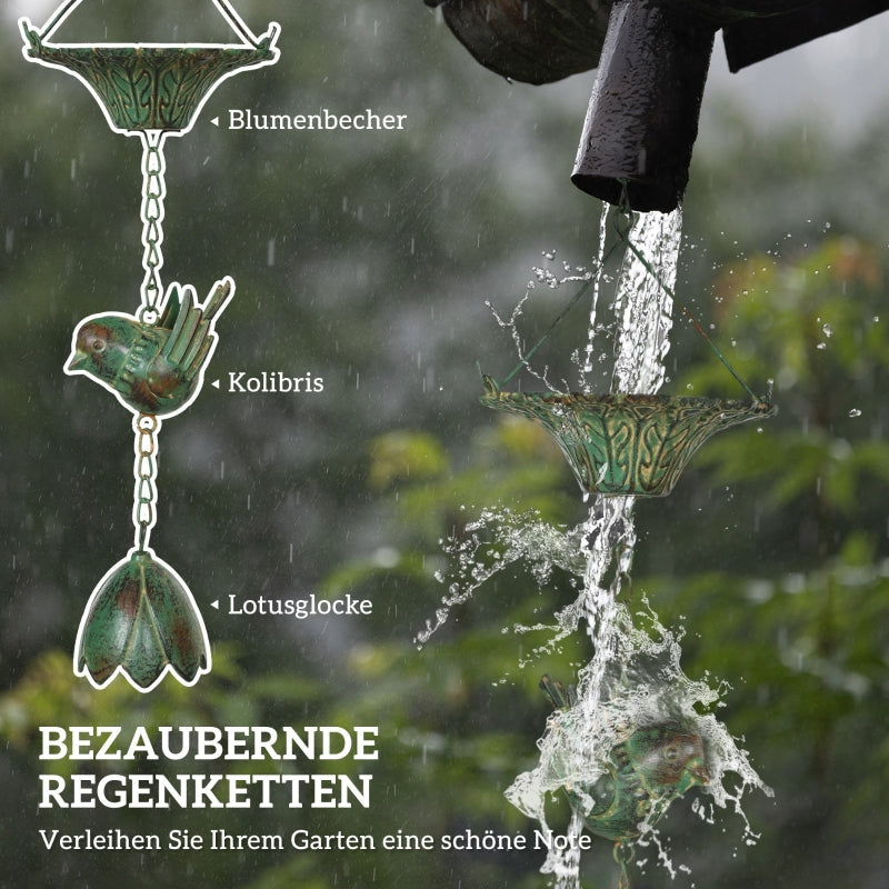 Rain Chains, Set of 3 with Hanger Bird Bell, Metal Green