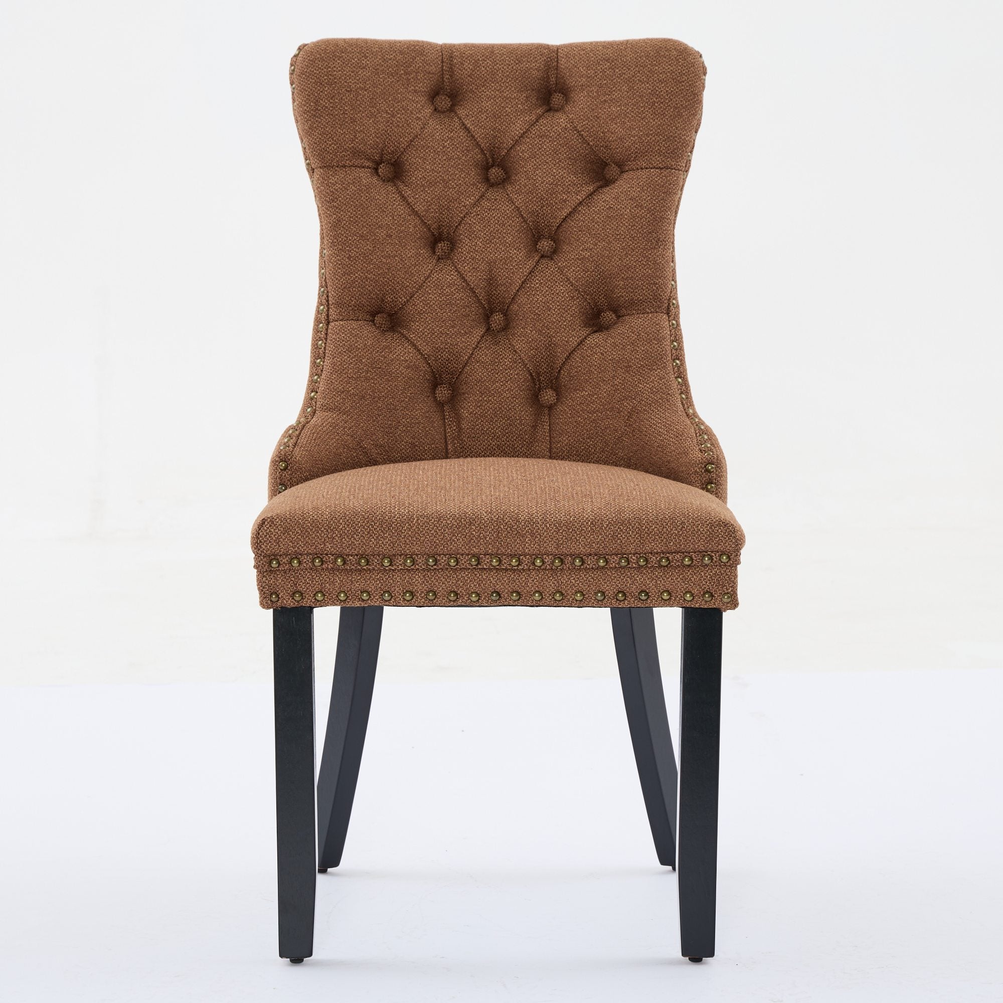 Nikki Collection Tufted Linen Dining Chair Solid Wood Nailhead Trim 2-Pcs Set - Coffee Color