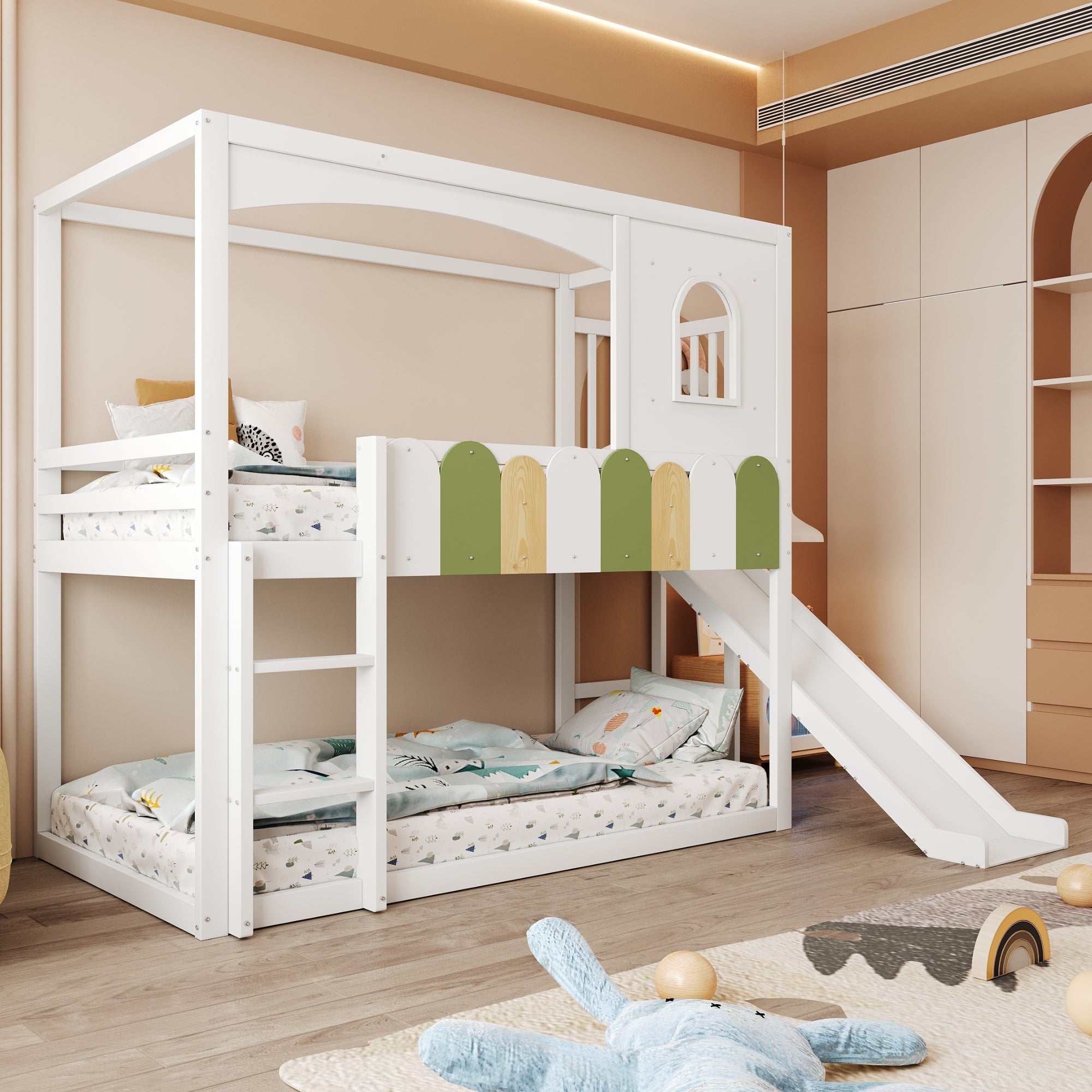 Children's House Loft Bed 90x200cm with Slide Safety Ladder White