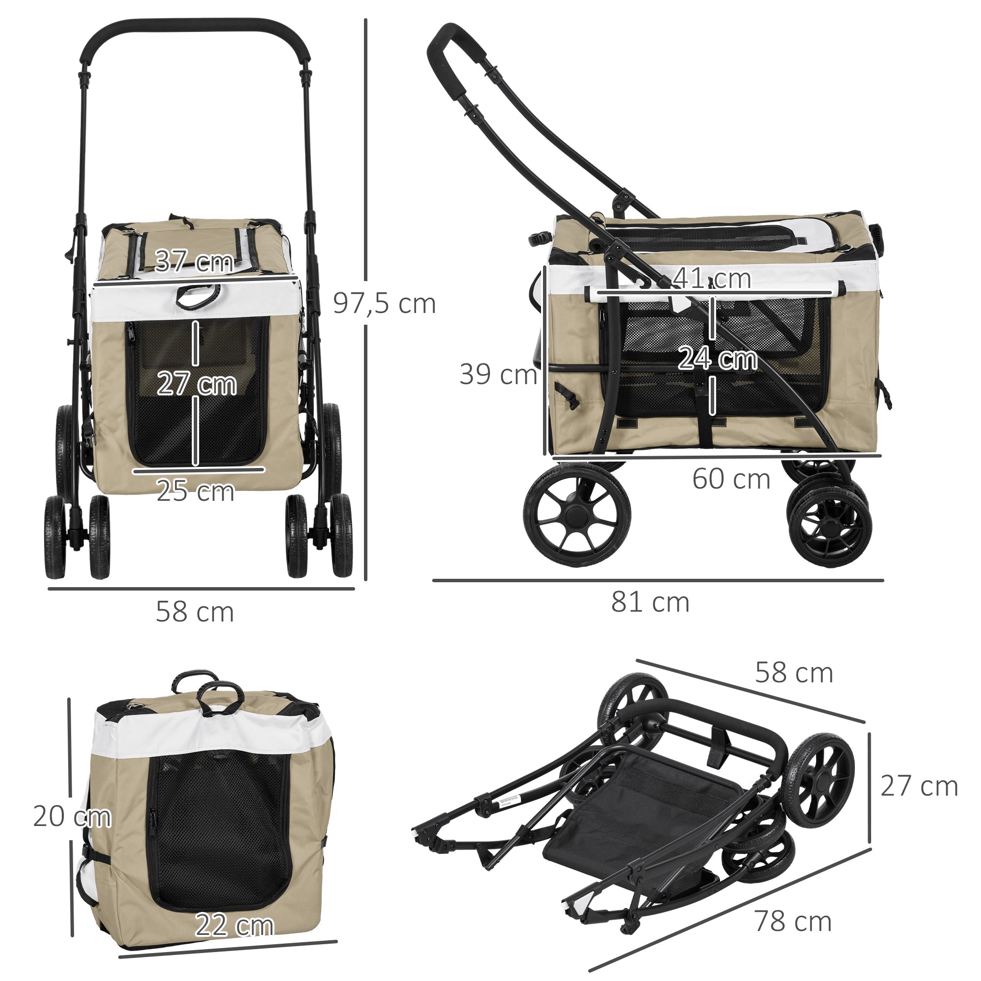 Faltbarer Tierkinderwagen, Abnehmbare Tasche, 4 Räder, Khaki 600D Oxford-Gewebe