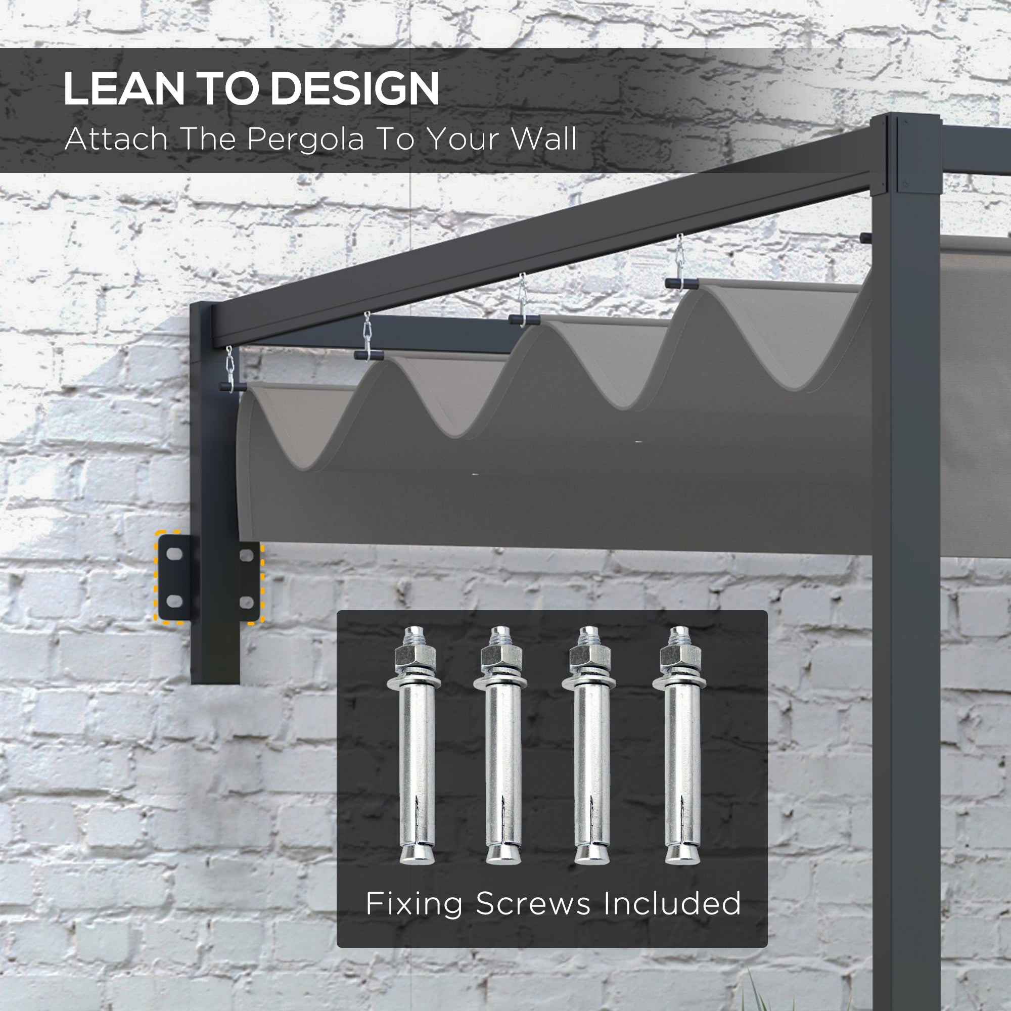 Lean To Steel Pergola, 3 x 4m with Moving Fabric Canopy - Dark Grey