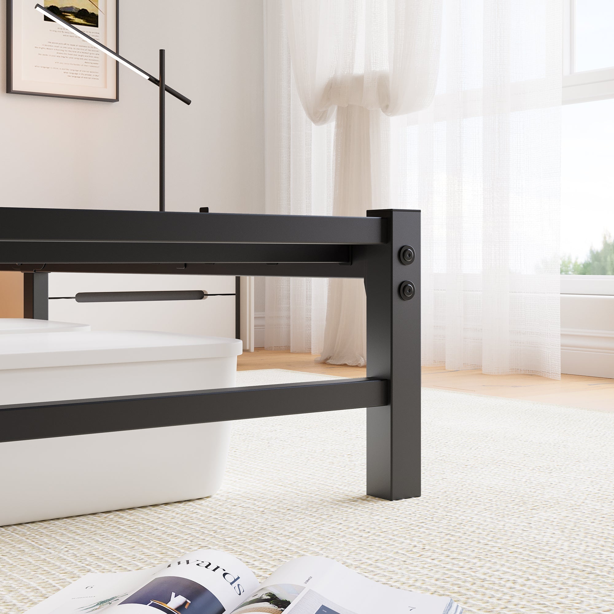 Metal Bed Frame 140x200cm, LED Lighting USB Charging Station Under-Bed Storage, Metal