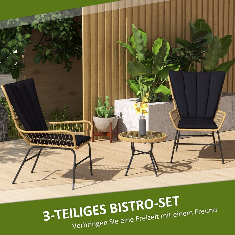 Rattan Seating Group, 3-Piece with 2 Chairs & Side Table, Tempered Glass