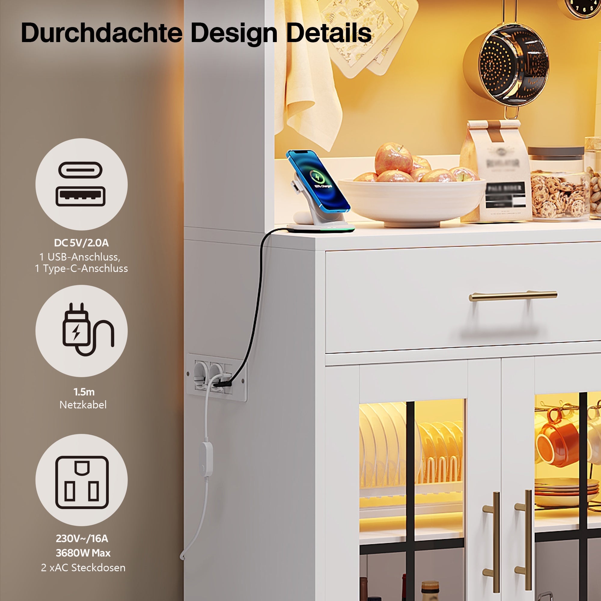 Kitchen Sideboard 180x100cm LED Socket 6 Doors 2 Drawers Adjustable Shelves - White
