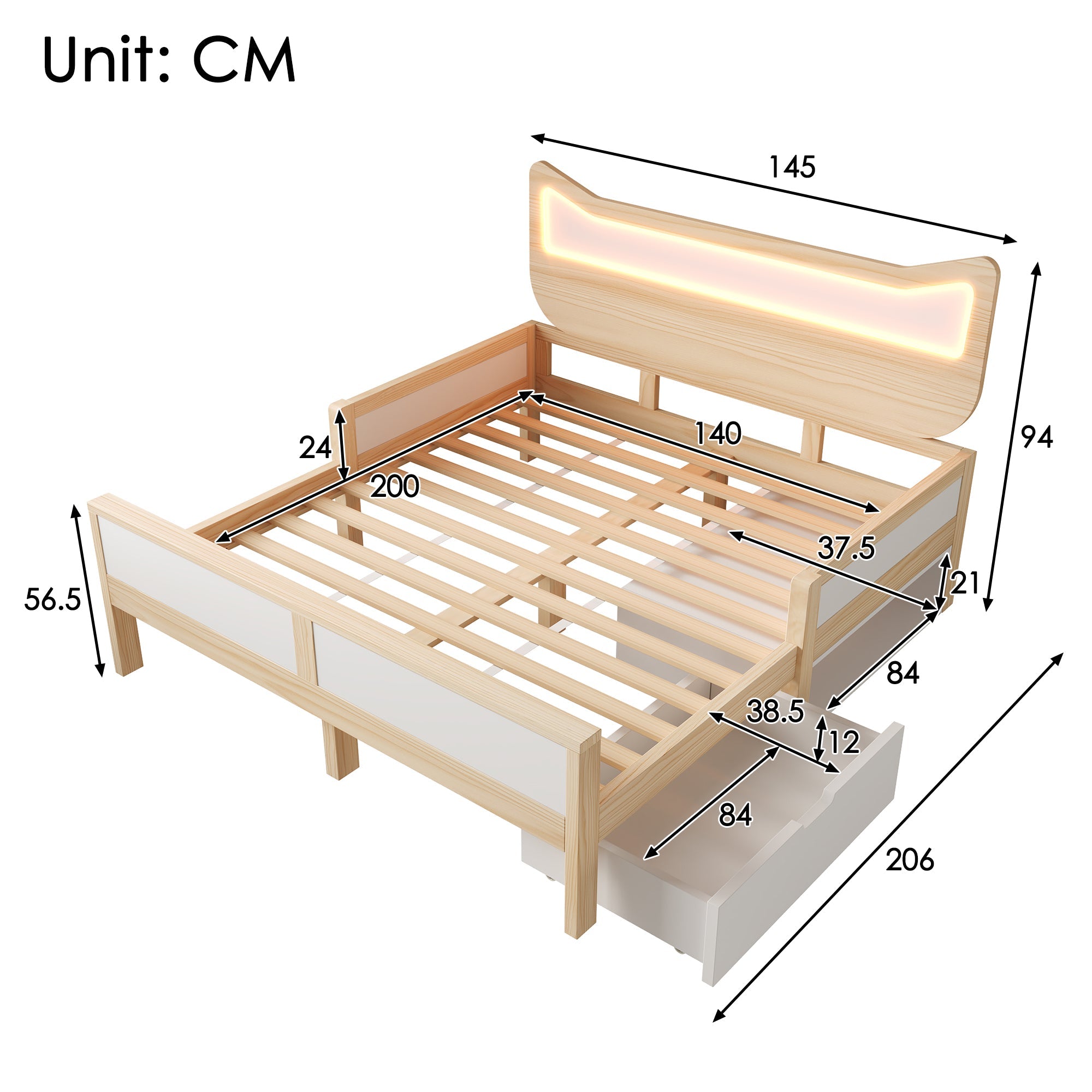 Children's Bed with Cat Ear Headboard, RGB LED Lighting, Storage Drawer and Safety Rails, 140x200cm, White and Oak