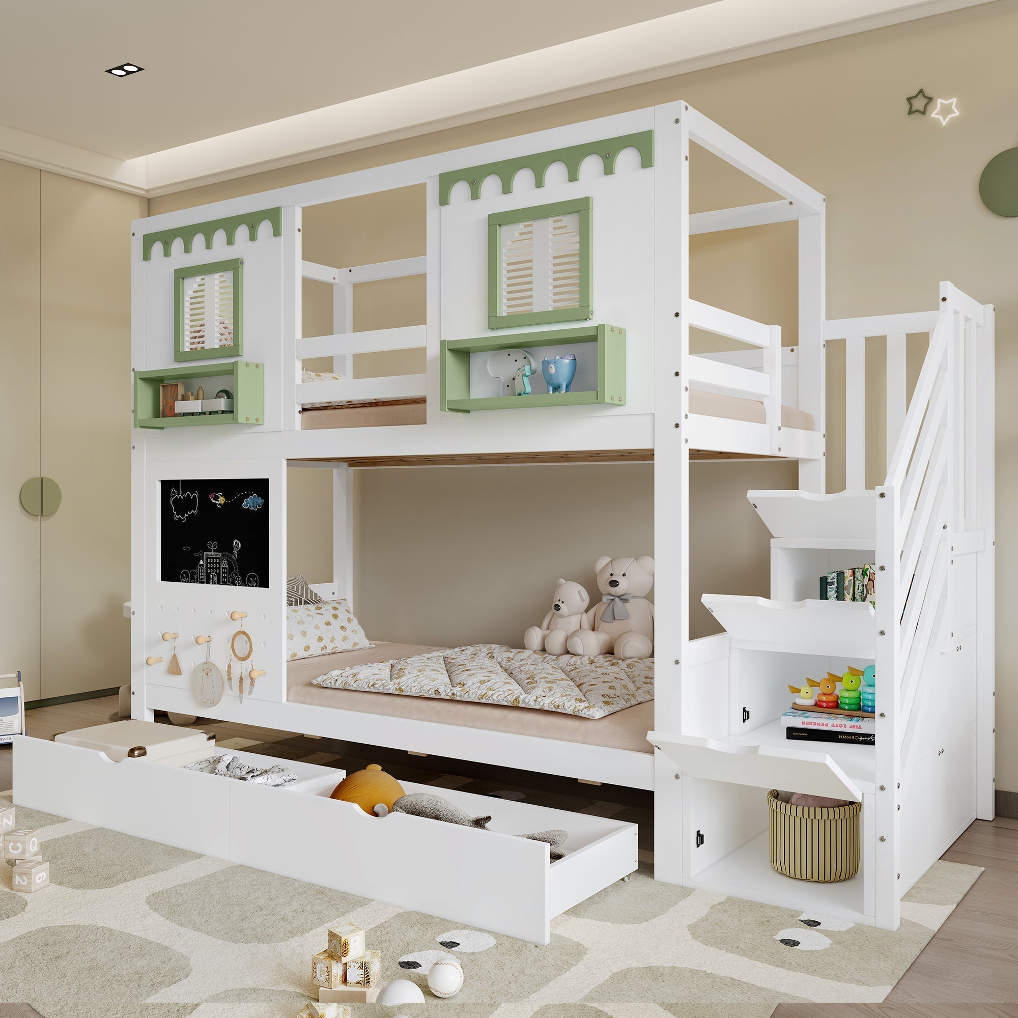 Bunk Bed 90x200cm Pegboard with Hooks 2 Drawers & Stair Storage Cabinet White + Green Pine