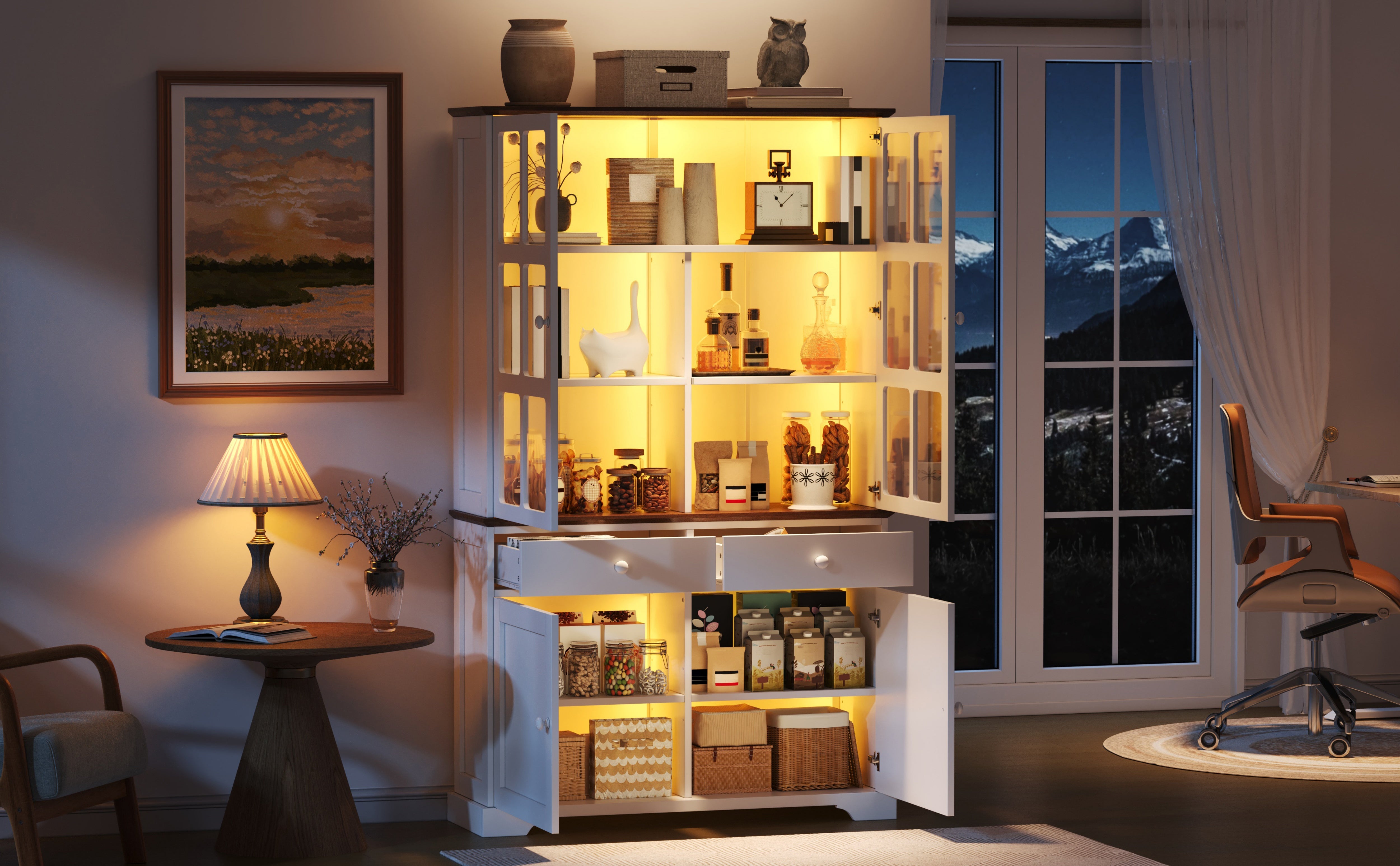 Tall Display Cabinet Glass Doors 2 Drawers LED Lighting White