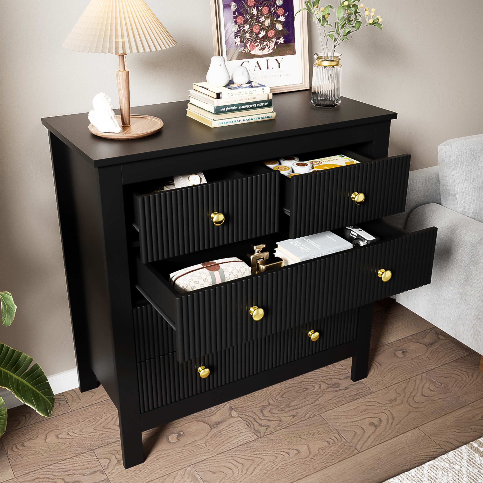 Sideboard, chest of drawers with special doors, gold handles