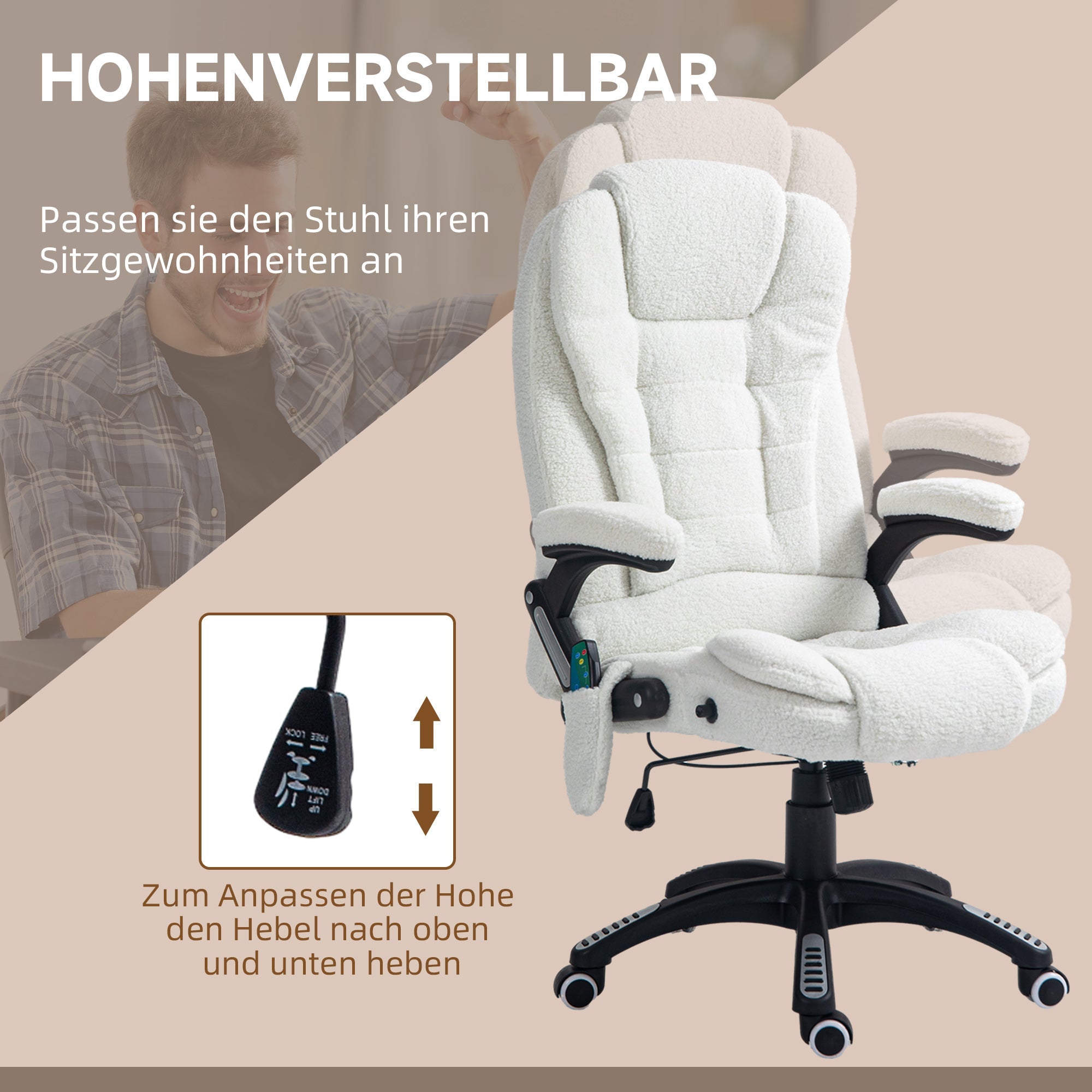 Massage Office Chair, Height Adjustable Rocking Heating Reclining Footrest, Teddy Velvet White