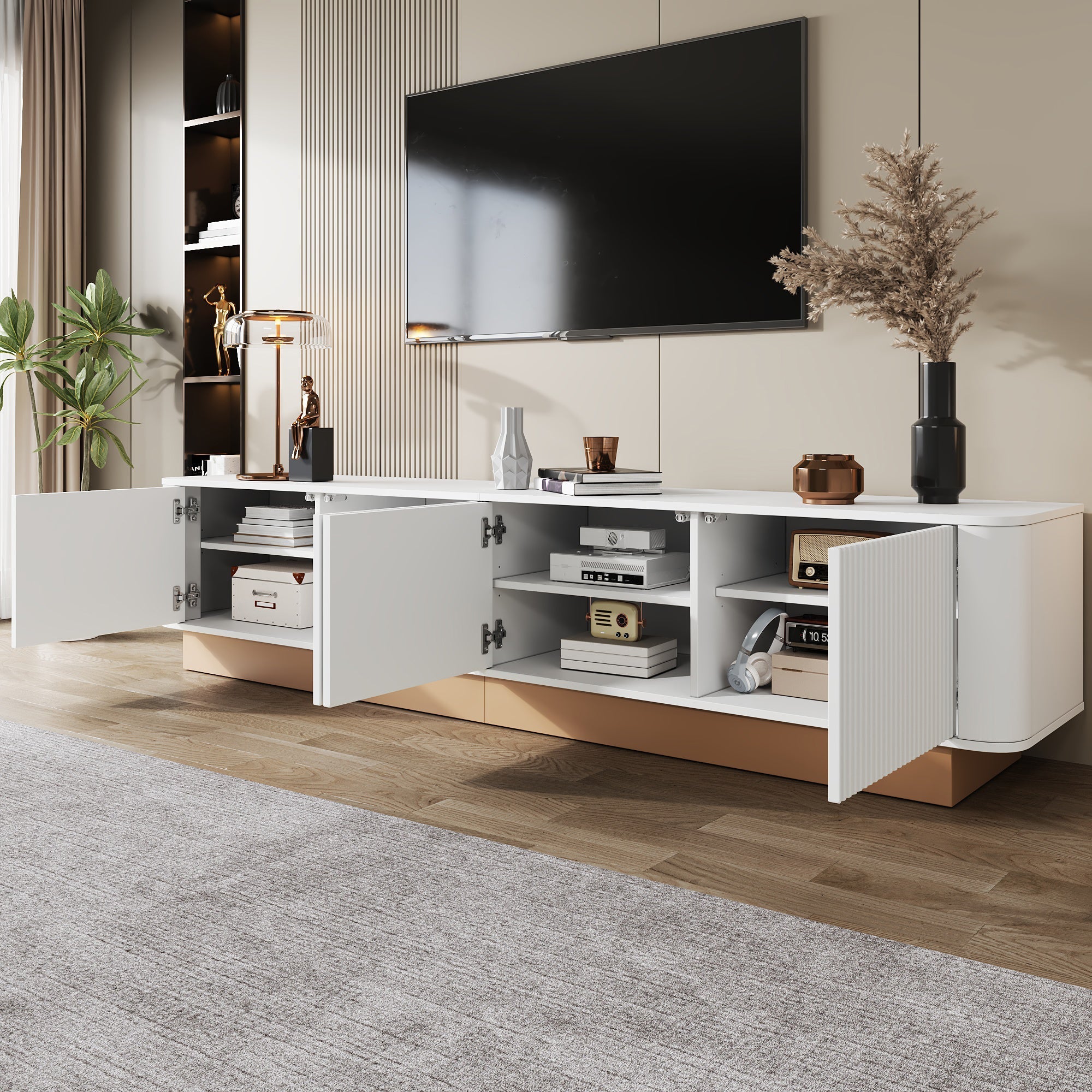 200 cm TV Lowboard, 4 Doors and Adjustable Shelves, MDF material