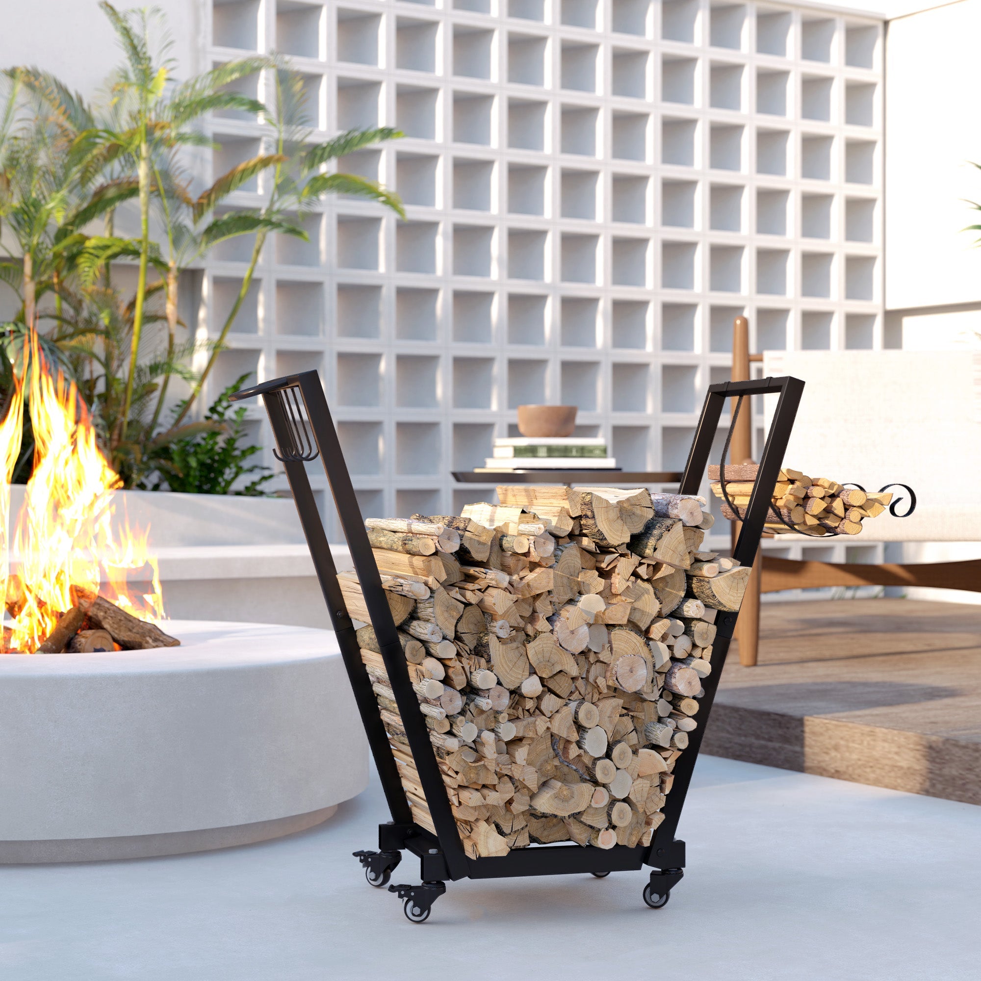 Firewood Rack with Wheels, 79x30x81cm, Kindling & Tool Hooks, Black Metal