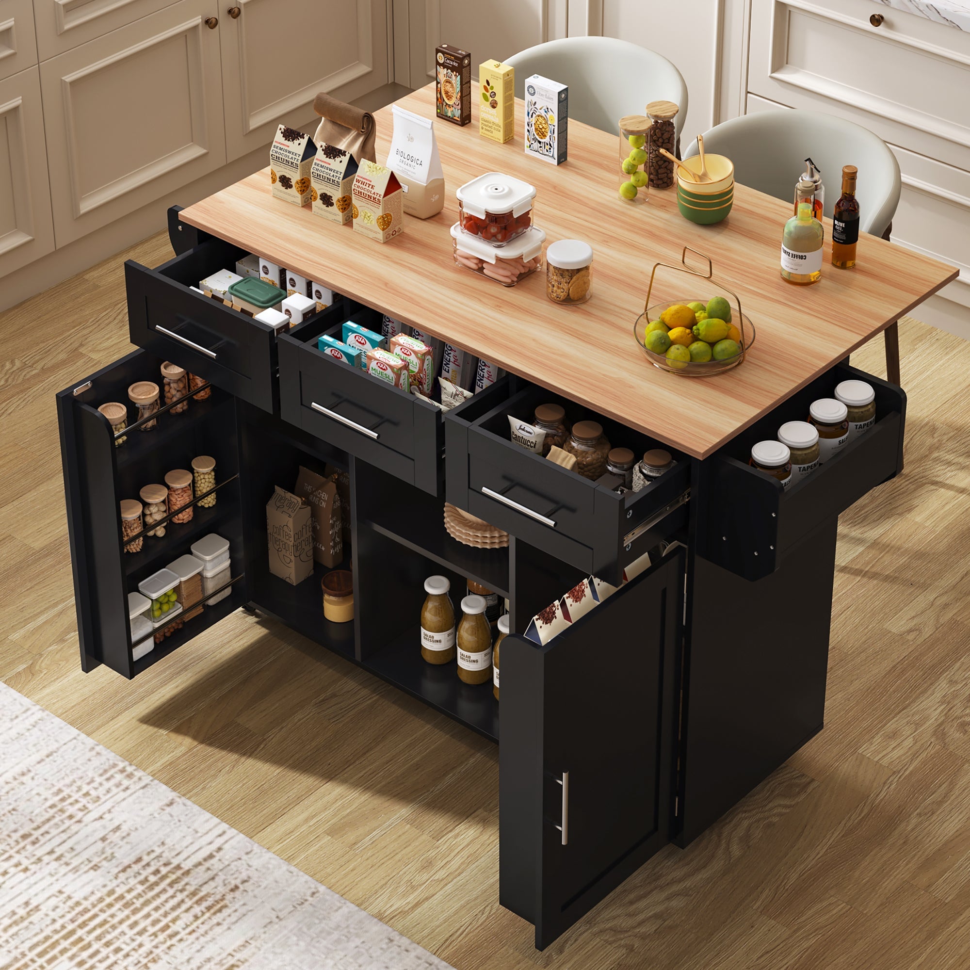 Dining Trolley/Sideboard with Fold-Down Worktop and Storage Casters, Black Solid Wood Grain
