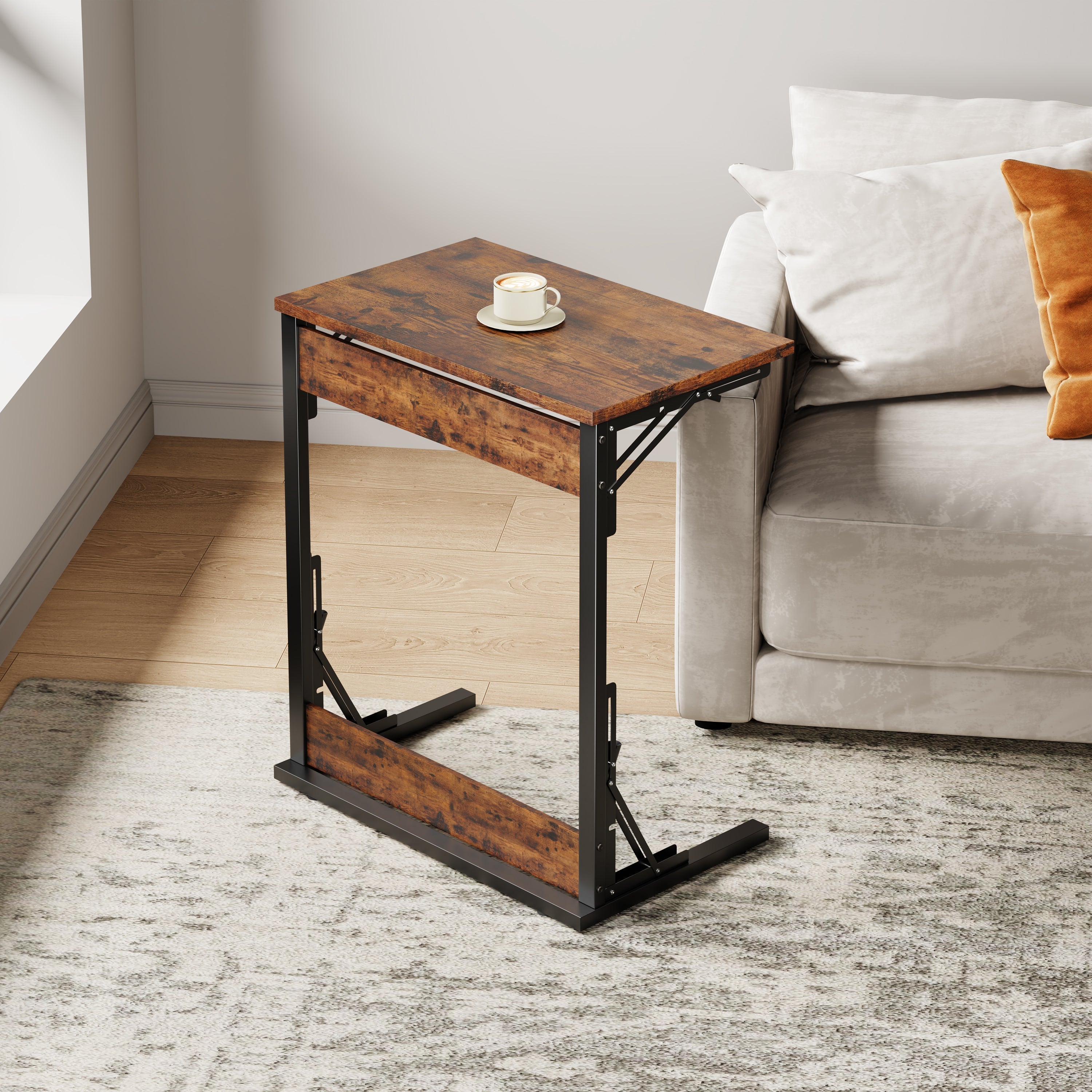 C-shaped Side Table Foldable Metal Frame Adjustable Feet TV Tray - Brown