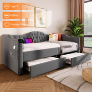 Upholstered Bed Daybed Sofa Bed with USB Type C & 2 Drawers, Grey Linen