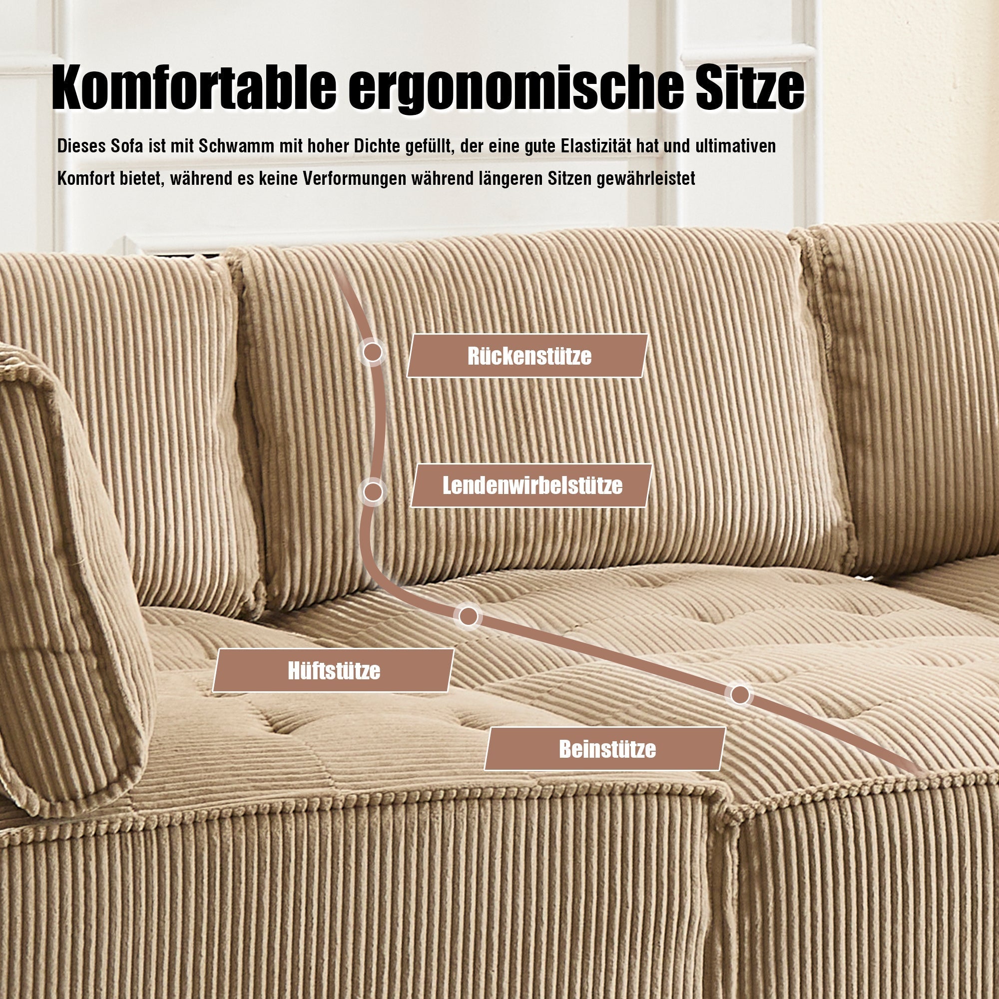 Modular Sofa 6-Seater Convertible Sleeper with Storage Pockets, Corduroy Khaki