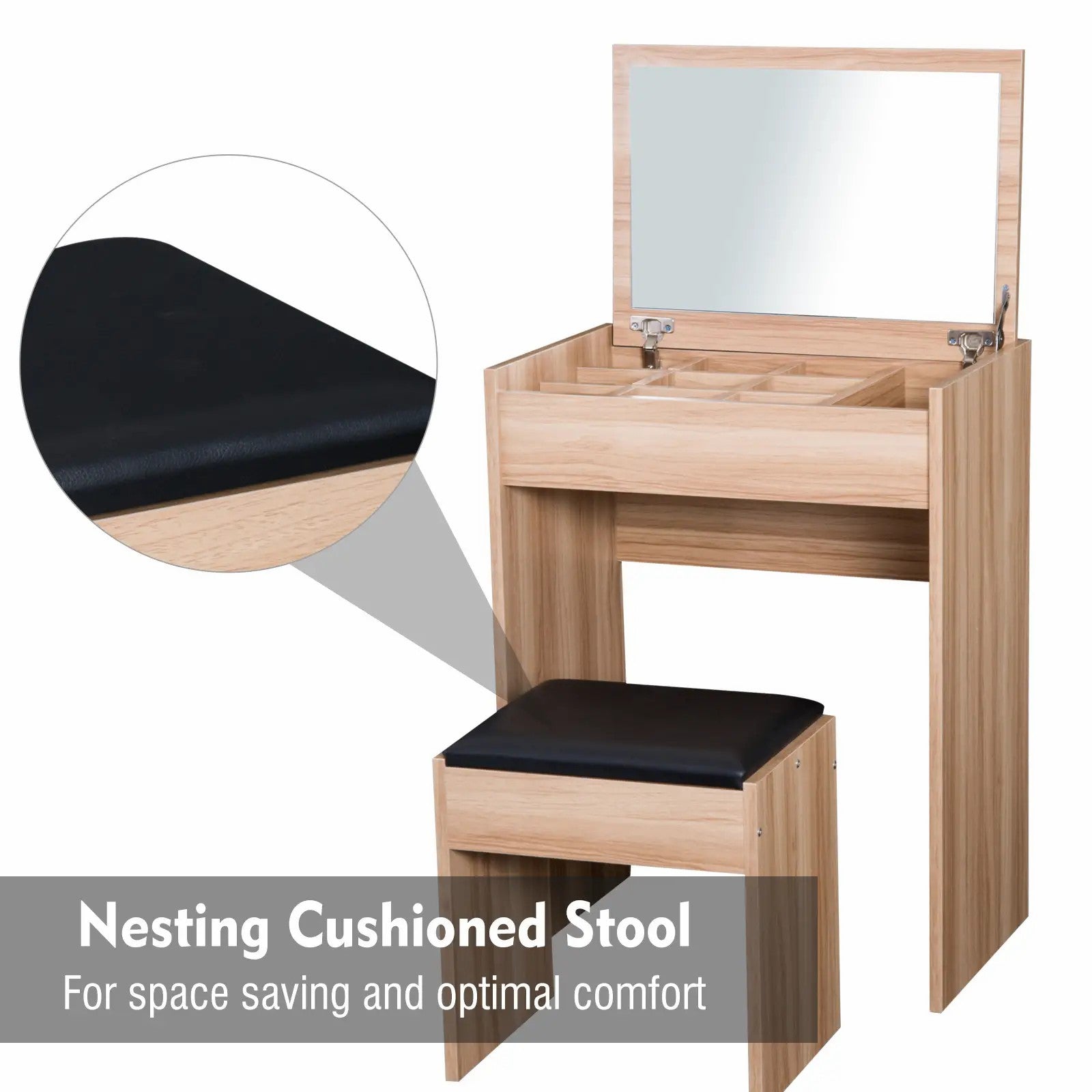 Dressing Table with Mirror and Stool, Flip Up Mirror Storage Padded Seat, Wood