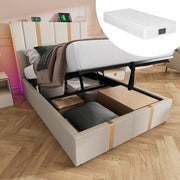 Upholstered Bed, USB-C LED Single with Storage, Beige Linen