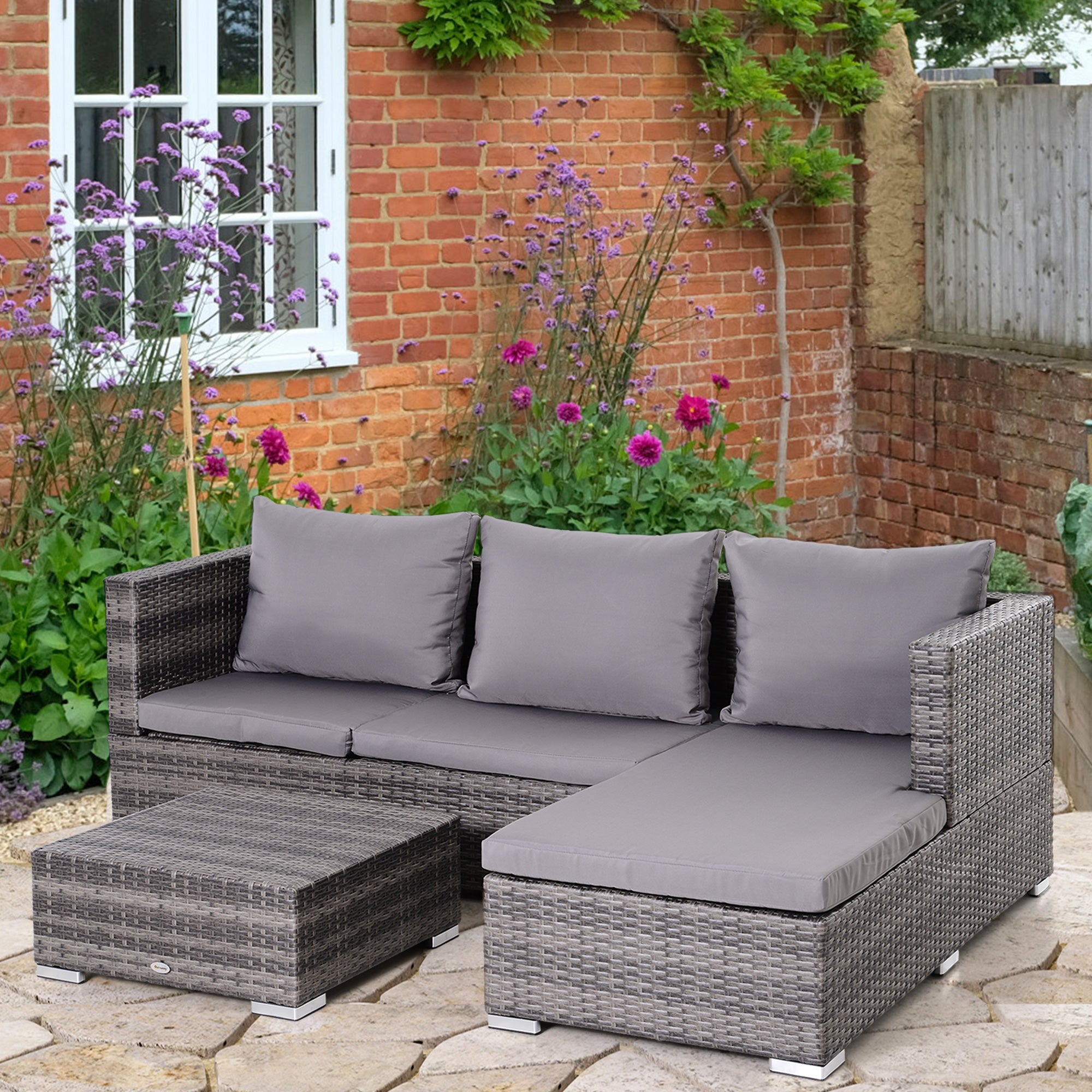 3PC Rattan Garden Furniture Set with 4 Seater Reclining Sofa, Storage Table, Wicker Grey