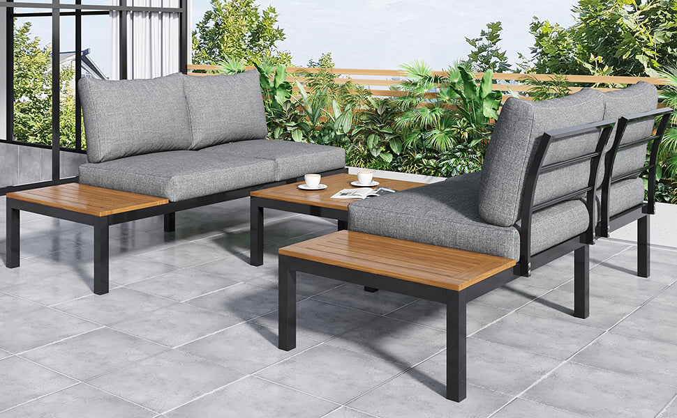 Outdoor Patio & Backyard Furniture Garden Lounge Set for 4, Space Saving L-Shaped Corner Sofa with Wooden Table, Grey
