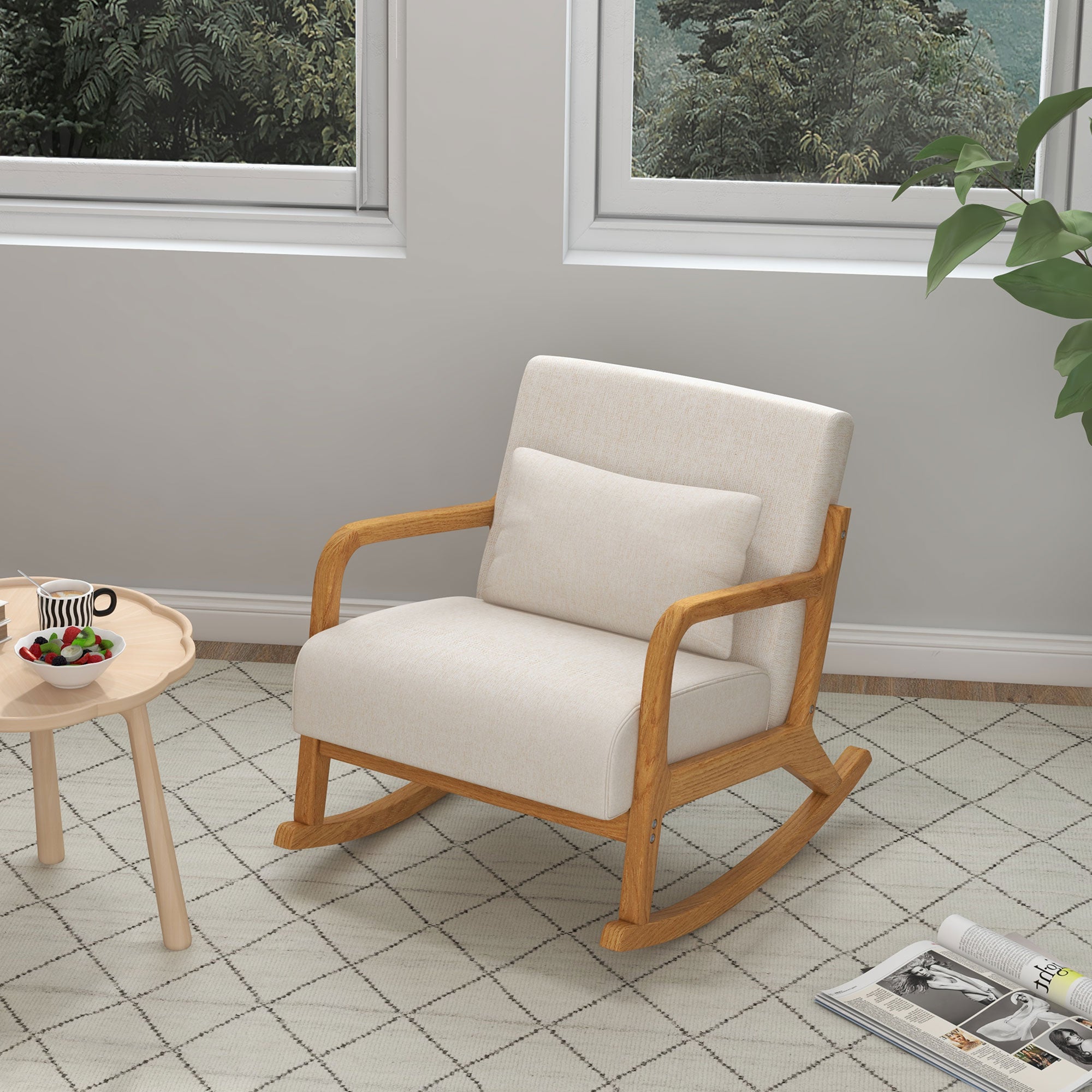 Rocking Chair, Padded Wooden Frame Armrest Relaxing, Cream