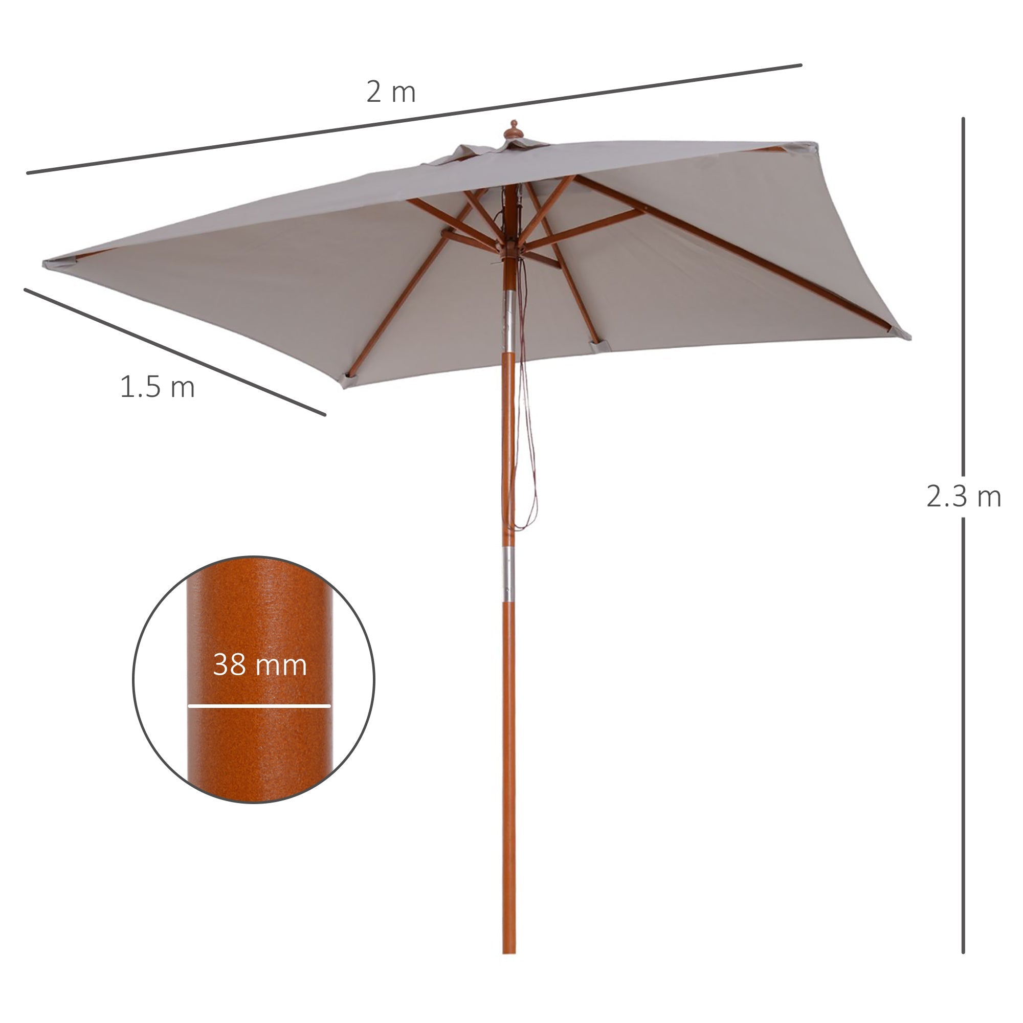 Parasol Foldable 3-Stage Adjustable Garden Beach Shade Fir Wood/Polyester Grey