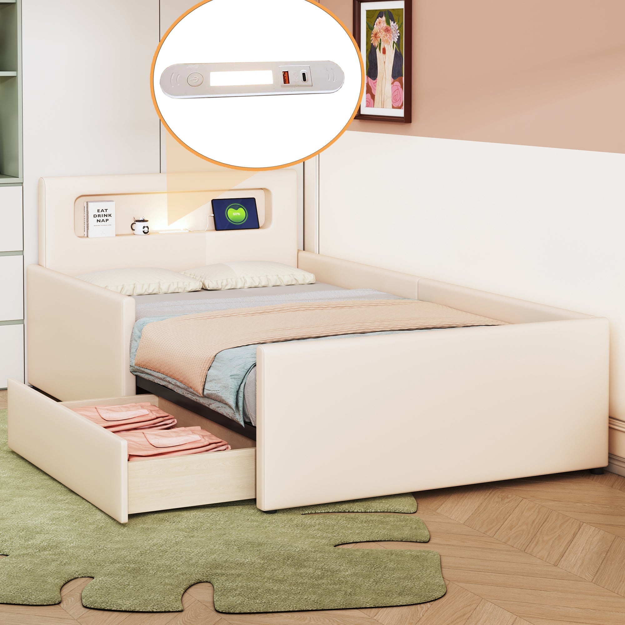N623P195760A Upholstered Bed with LED Lighting and USB Charging, 140x200cm, Beige Velvet