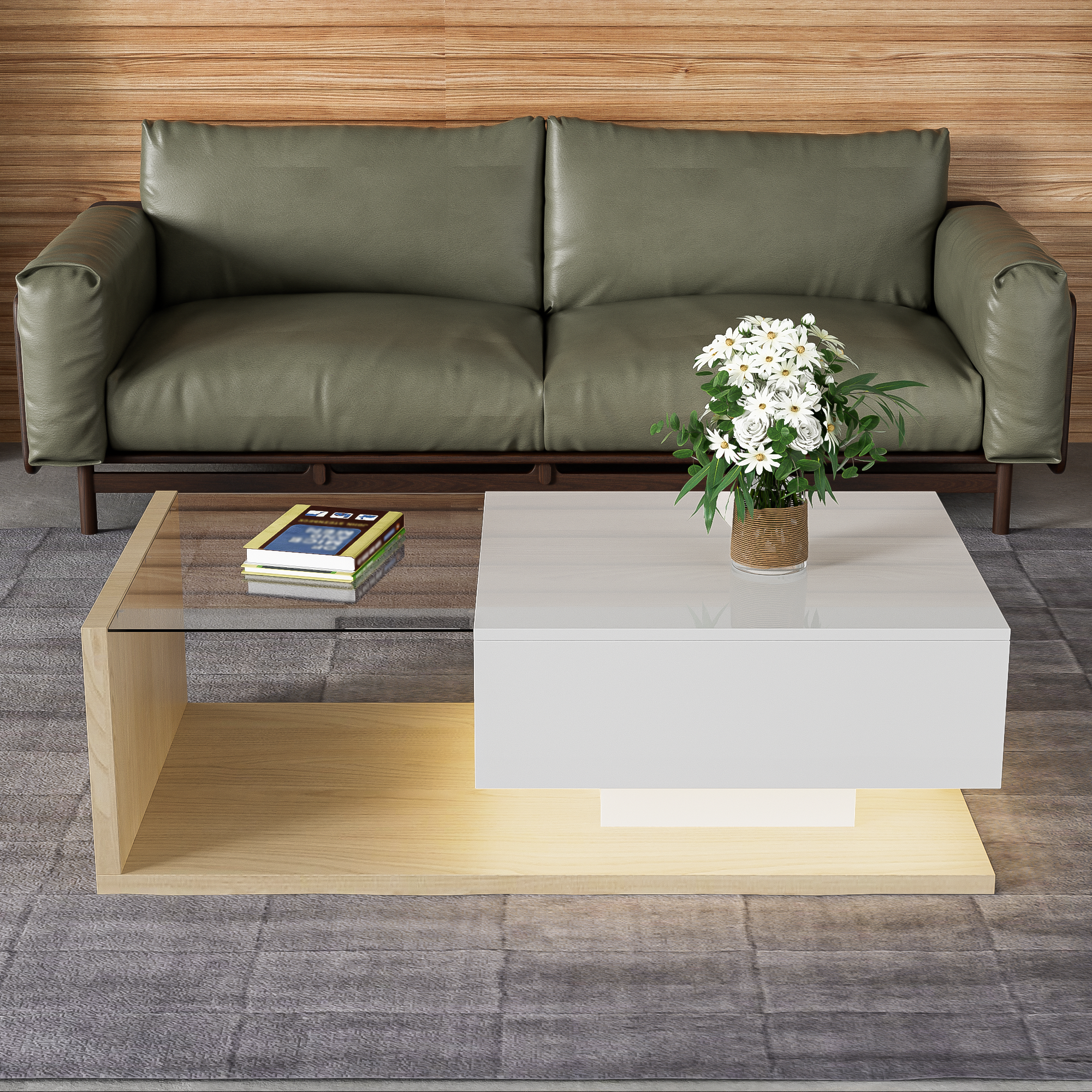 Coffee Table with Glass and LED, High Gloss White and Wood