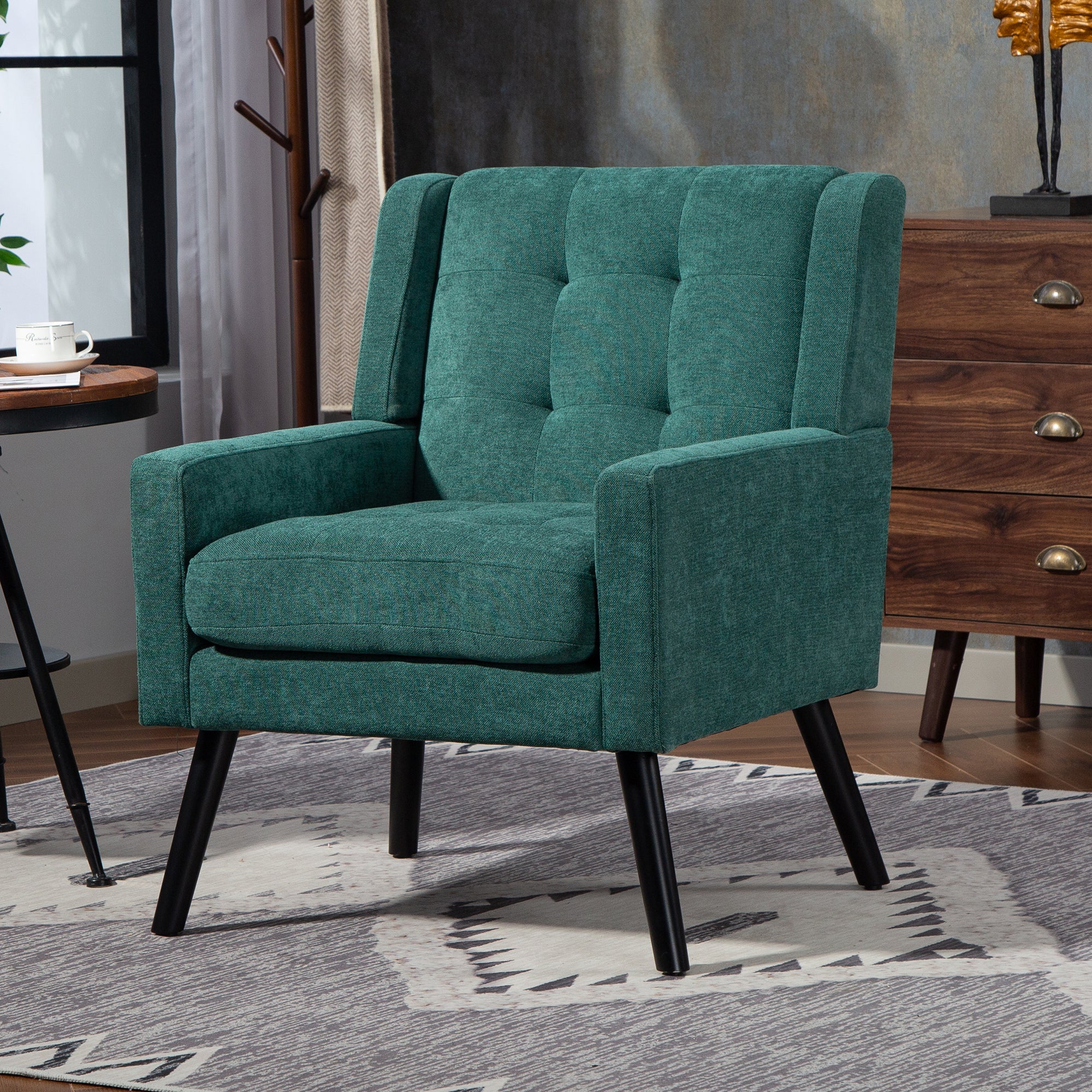 Upholstered Armchair with Buttoned Padding and Solid Wood Legs, Suede Black
